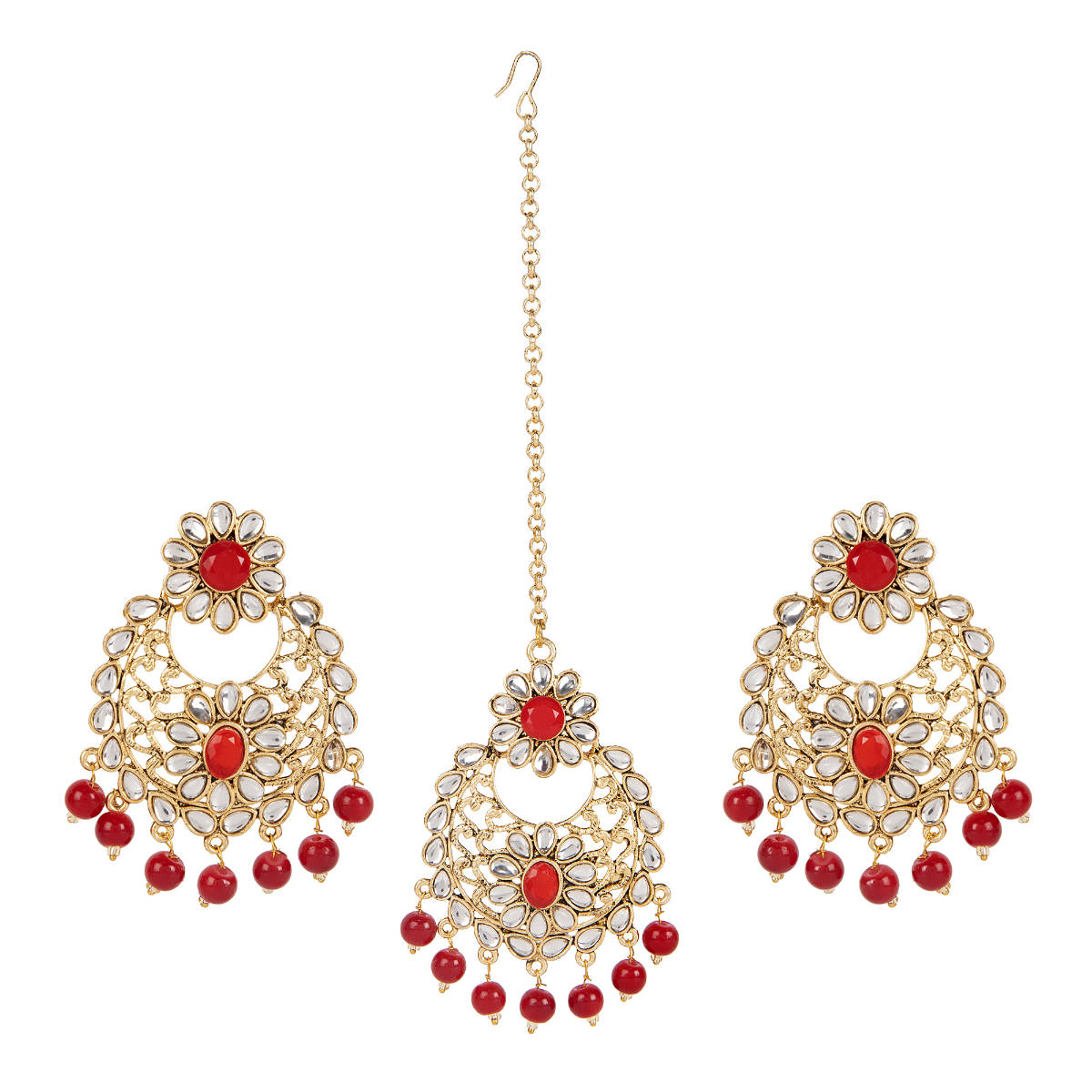 Anika's Creations Gold Plated Traditional Floral Kundan Pearl Bridal Earring Maagtika Set