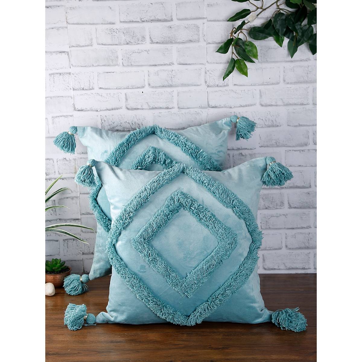 eyda Super Soft Velvet Aqua Color Set Of 2 Cushion Cover-18X18 Inch