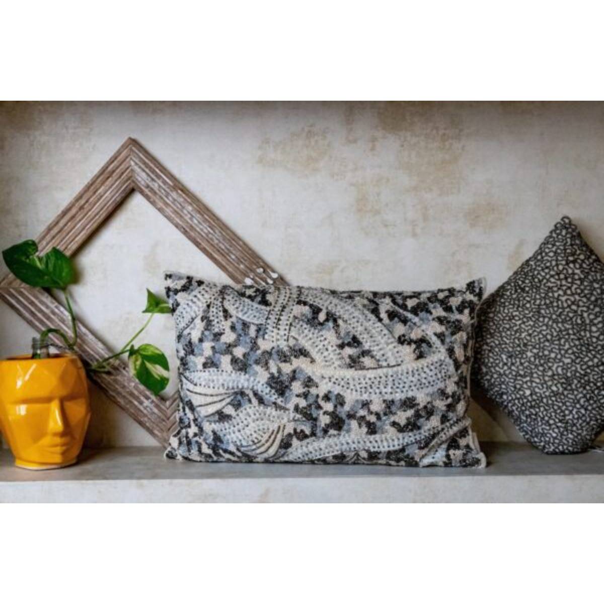 Alcove White and Silver Pictorial Lumbar Cushion Cover