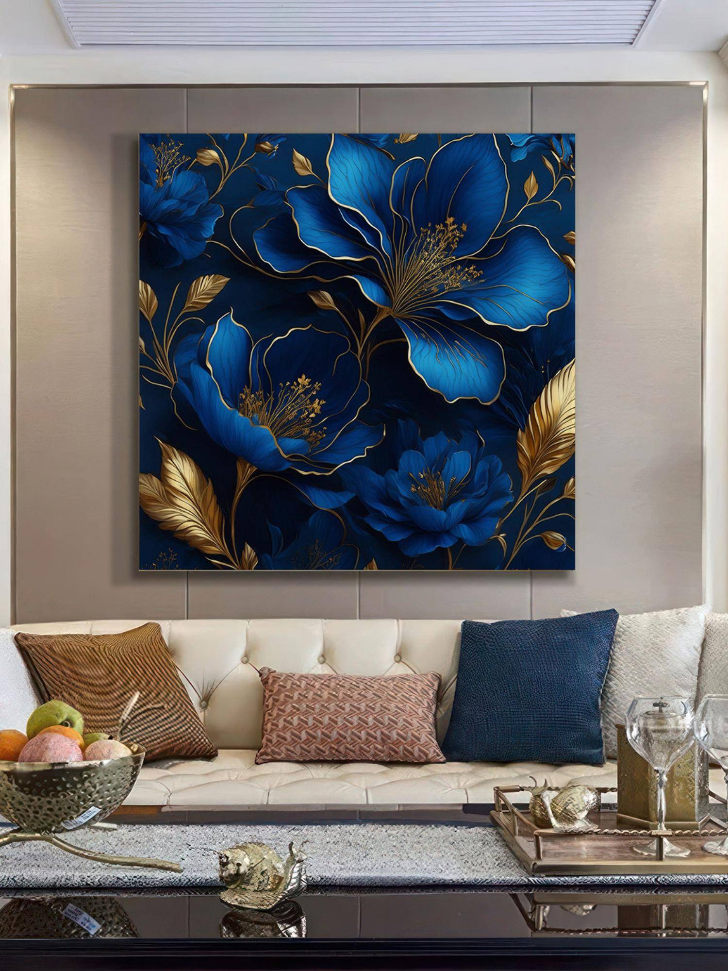 999Store Elegant Blue & Gold Floral Art Print - Luxurious Botanical Wall Decor For Home Interiors