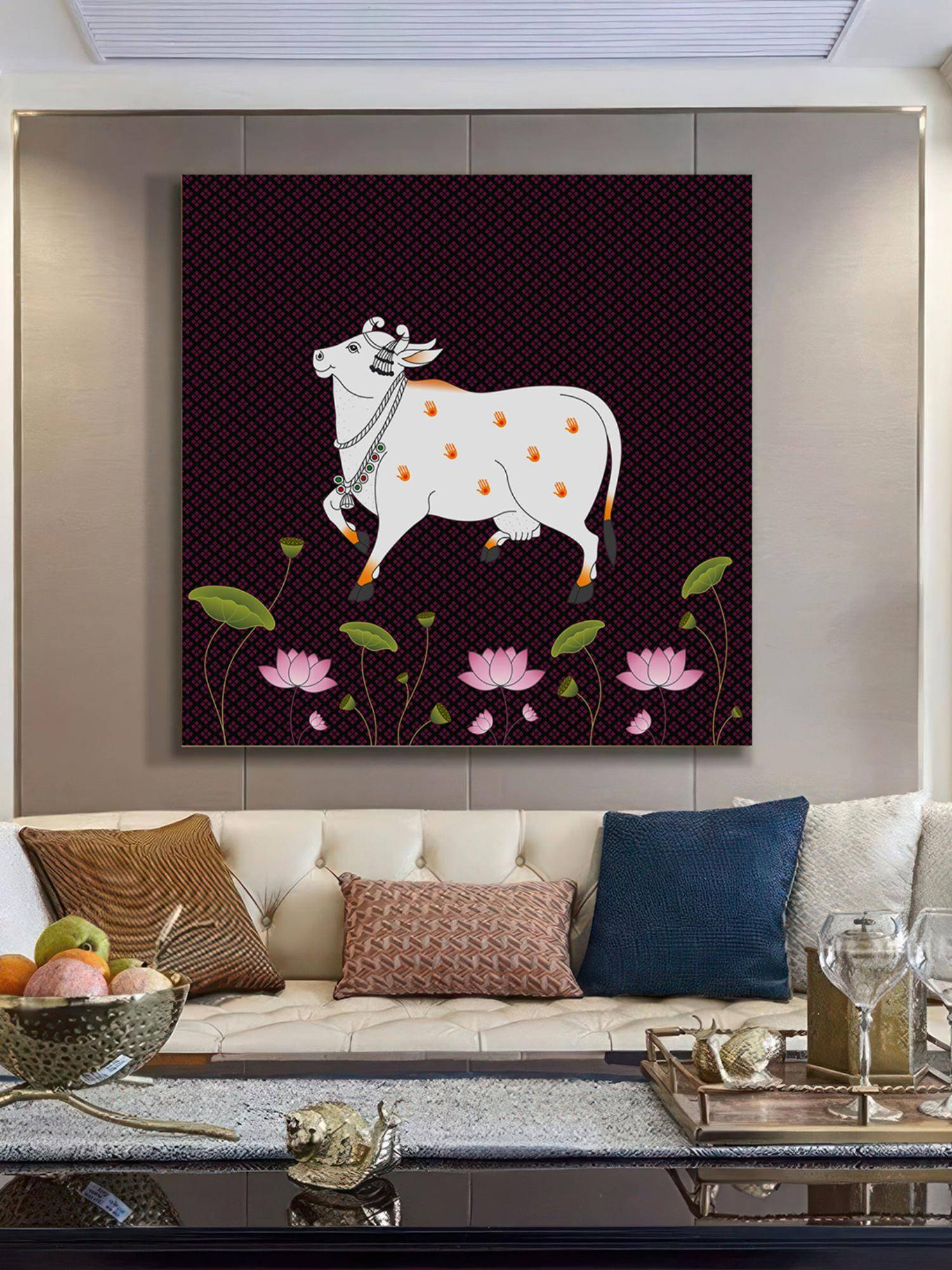 999Store Pichwai Cow Art Print - Decorative White Cow With Jewellery Flowers