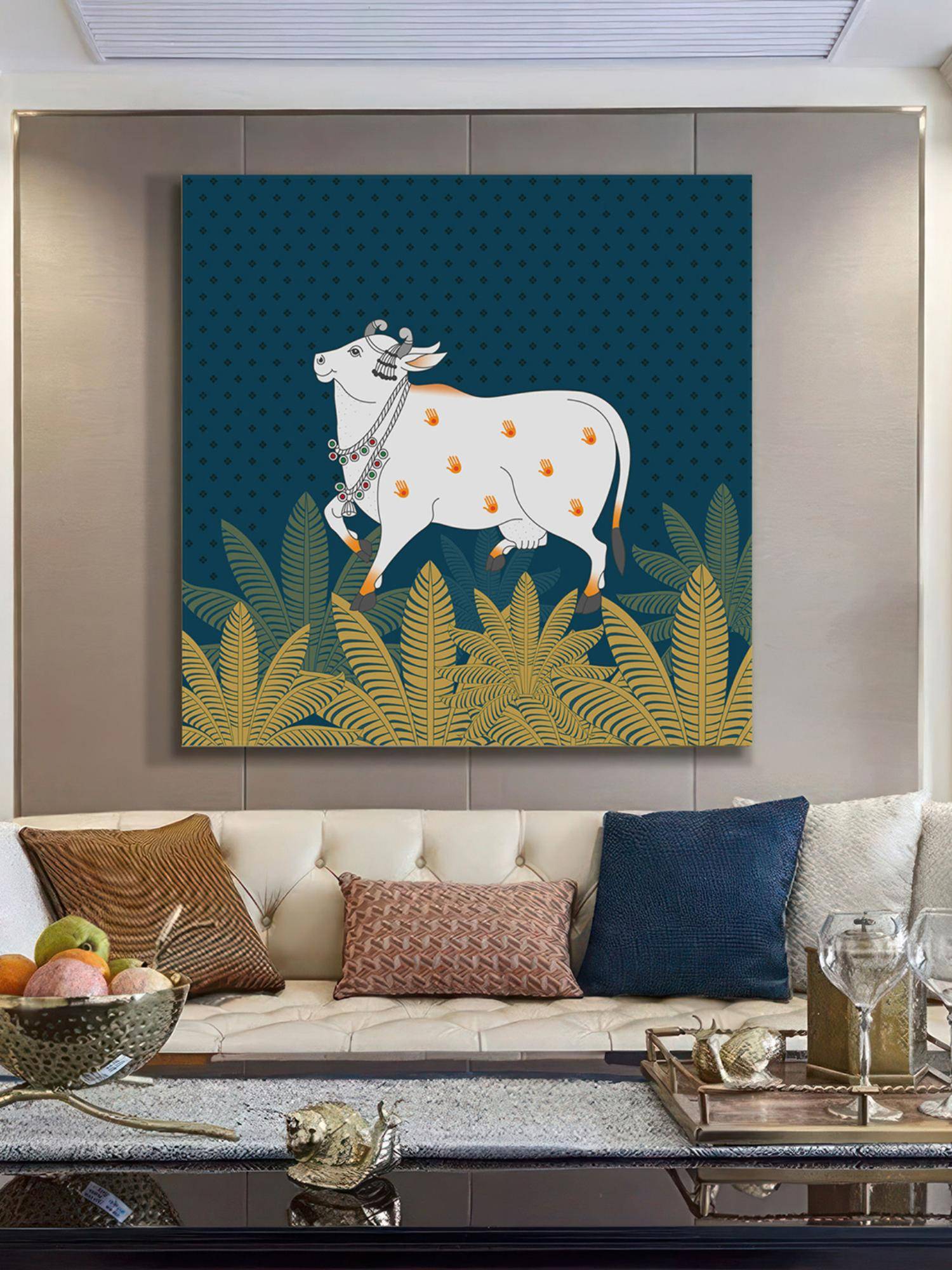 999Store Cow Art Print - Decorative White Cow With Gold Foliage On Deep Blue Background