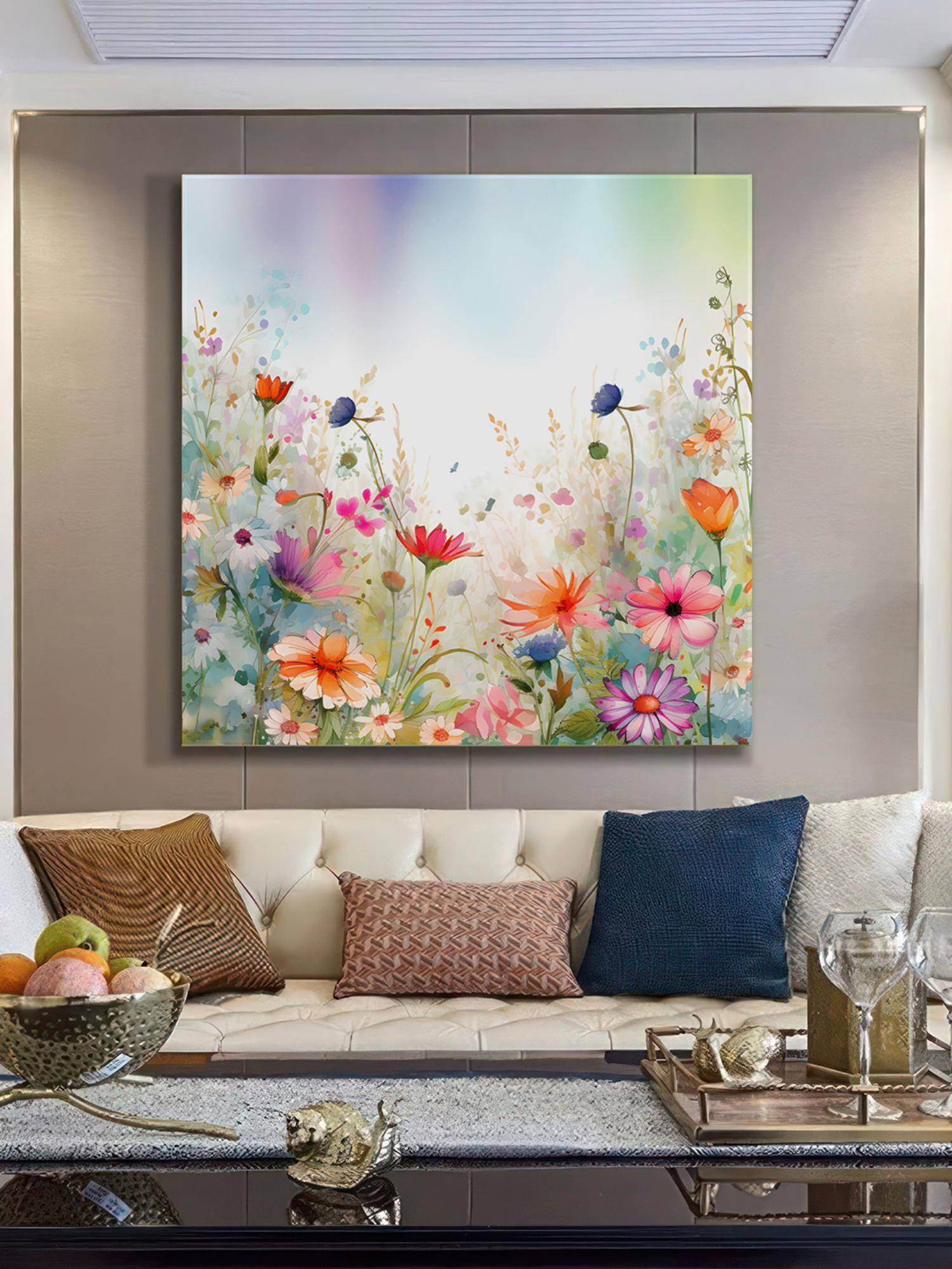 999Store Vibrant Wildflower Meadow Art Print - Enchanting Blooming Flowers With Pastel Background