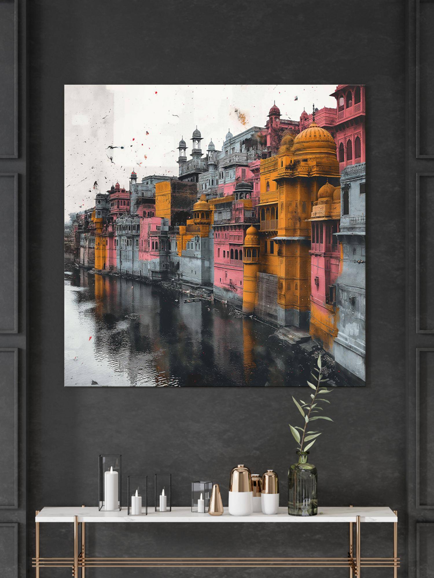 999Store Colourful Reflections On The River Of Vibrant Buildings Along A River River Painting