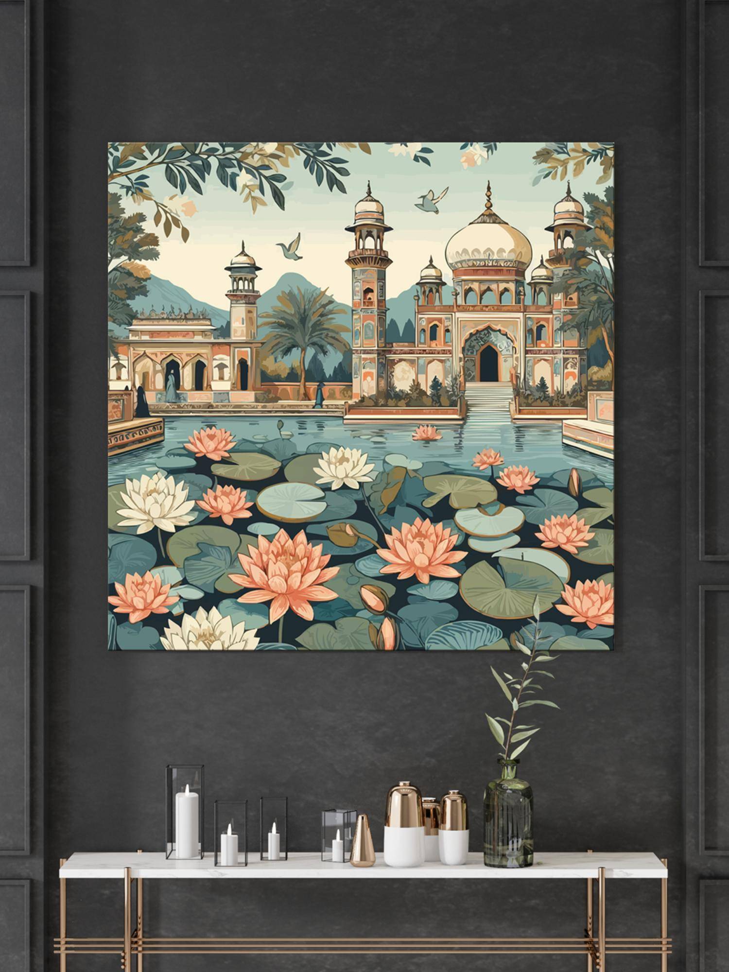 999Store Indian Art Lotus Flowers And The Architectural Beauty Of The Palace Lotus Flower Painting