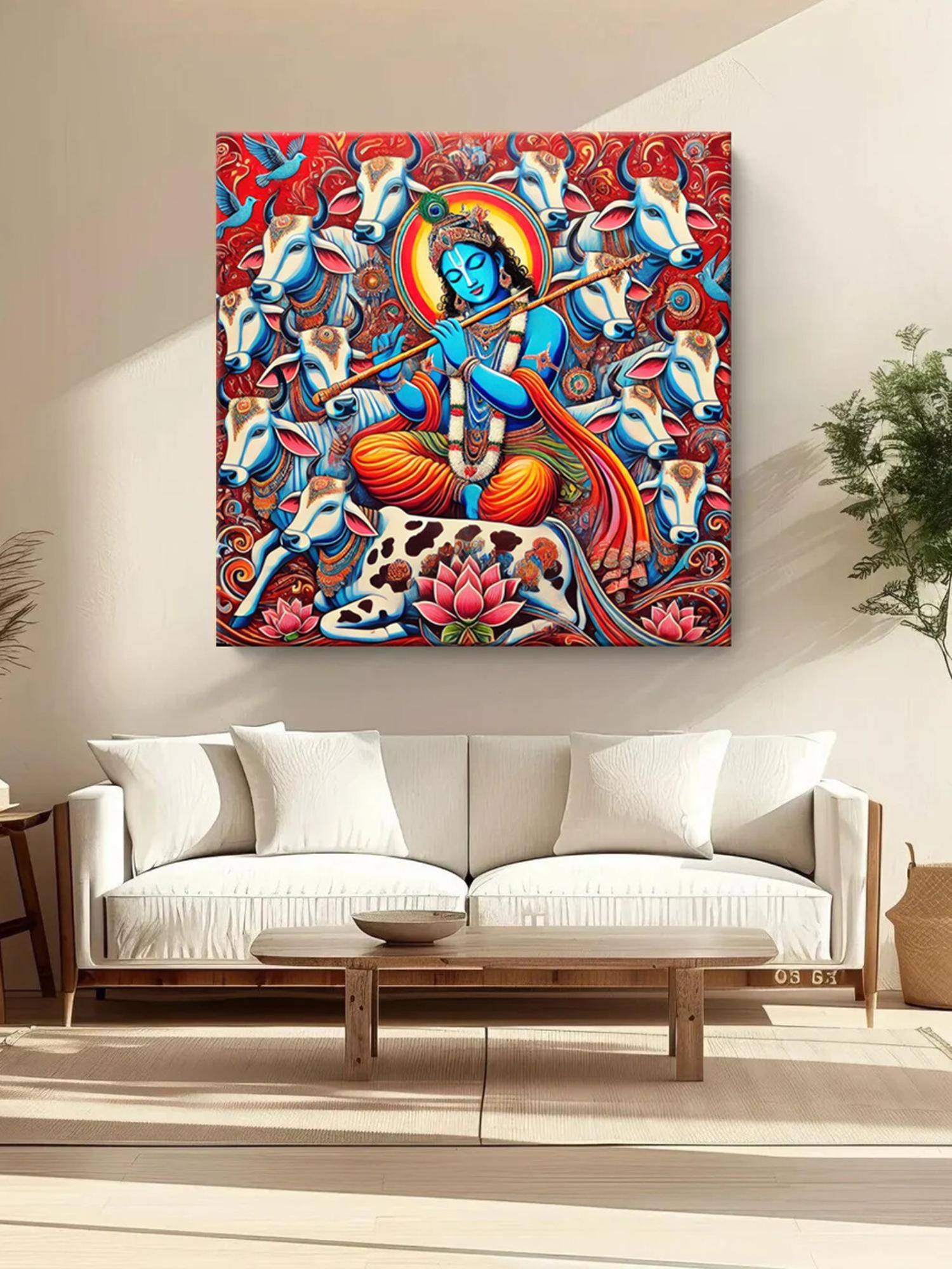 999Store Lord Krishna Playing The Flute Surrounded By Sacred Cows - Canvas Painting