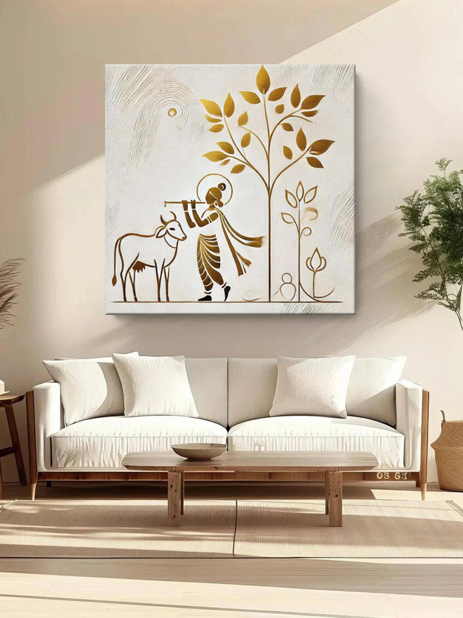 999Store Minimalist Golden Outline Of Krishna Playing The Flute Under A Tree - Canvas Painting
