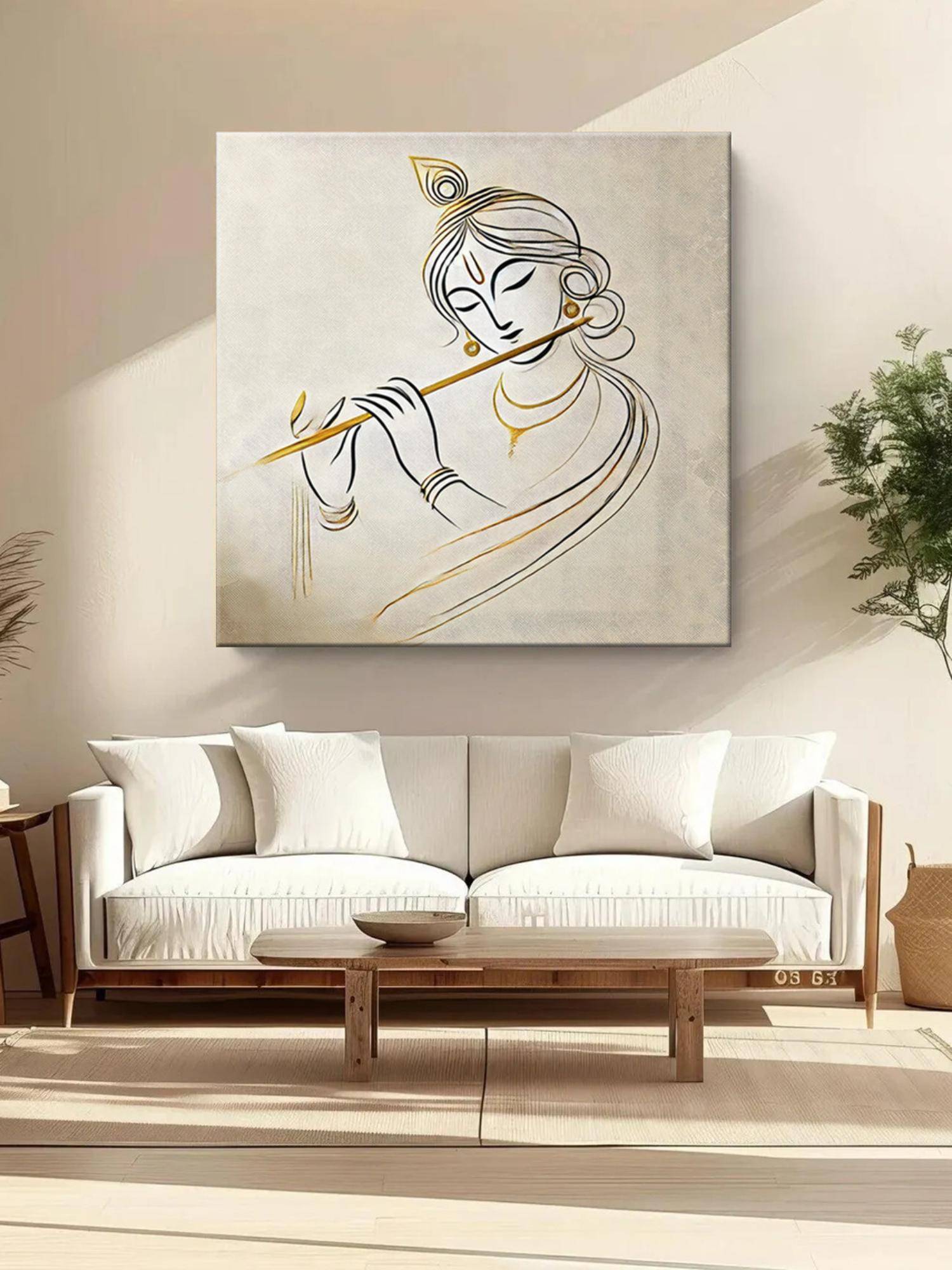999Store Elegant Minimalist Line Art Of Lord Krishna Playing The Flute - Canvas Painting