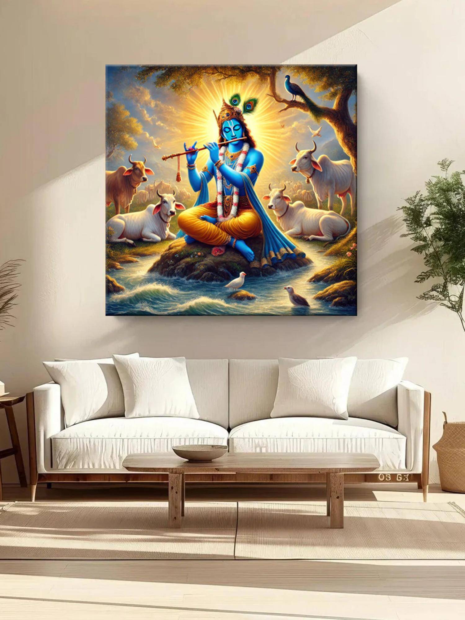 999Store Krishna Playing The Flute Among Sacred Cows In A Serene Landscape - Canvas Painting