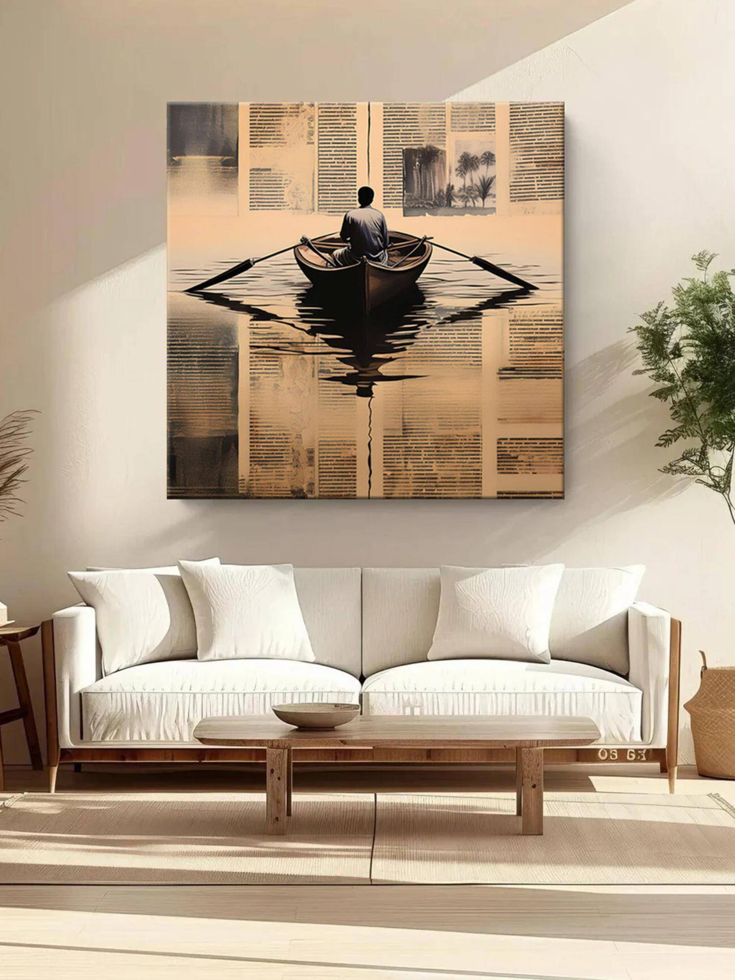 999Store Solitary Voyage: A Thoughtful Rowing Boat Canvas Painting