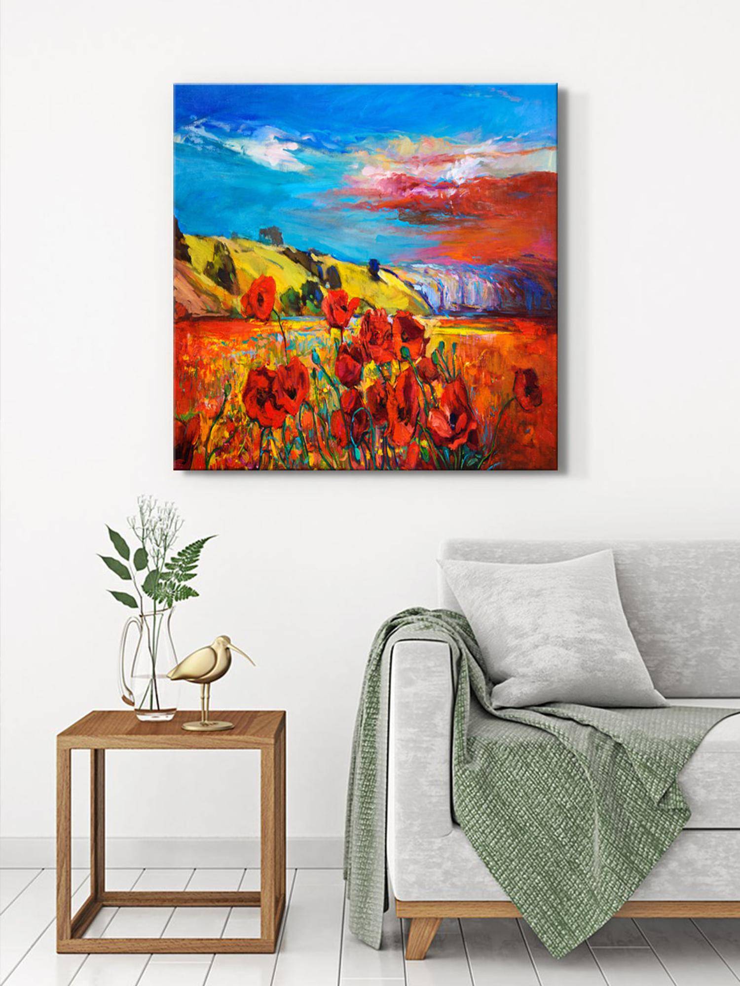 999Store Canvas-Wrapped Countryside Red Poppies Painting