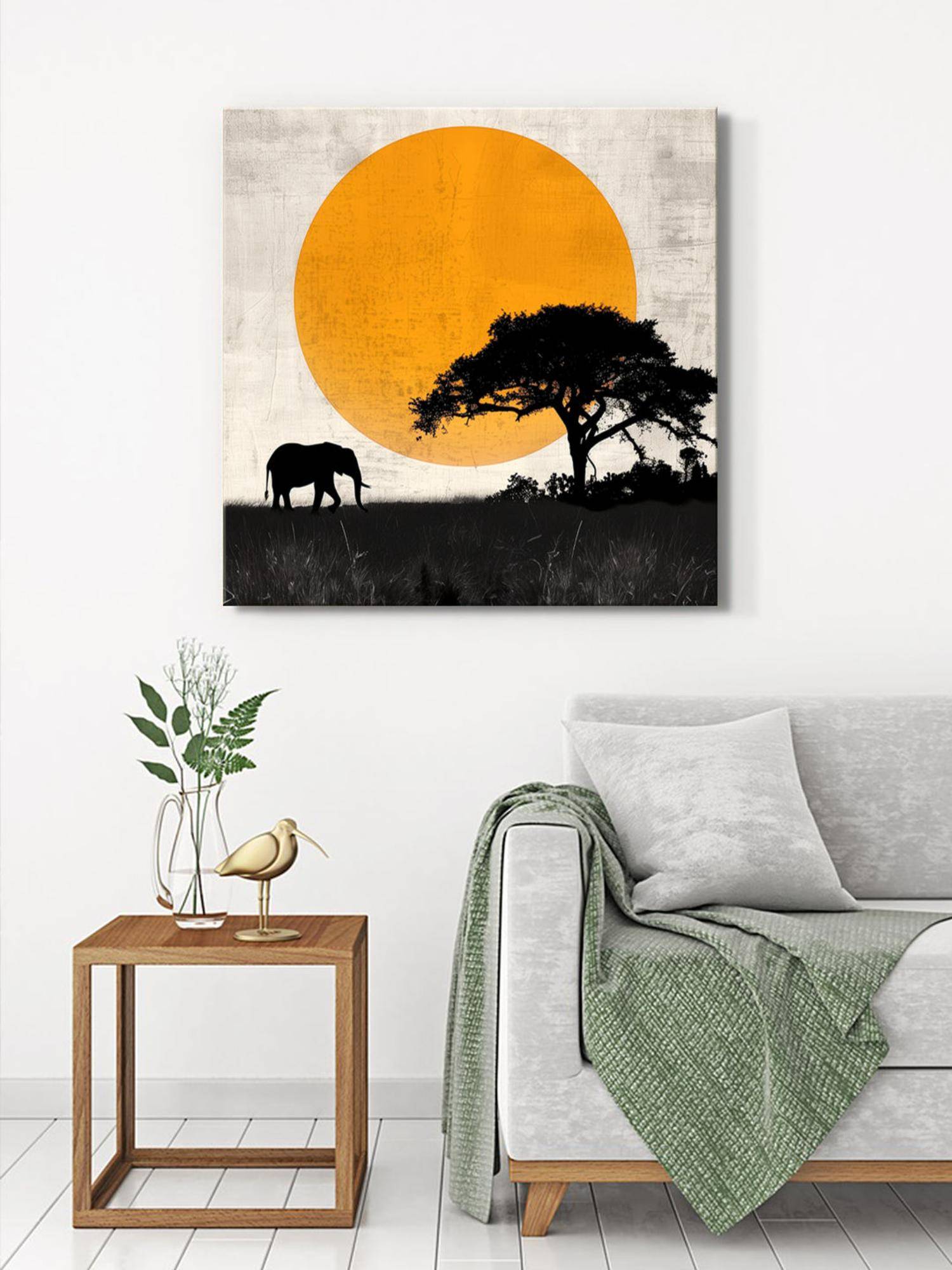 999Store Canvas-Wrapped African Elephant Sunset Painting