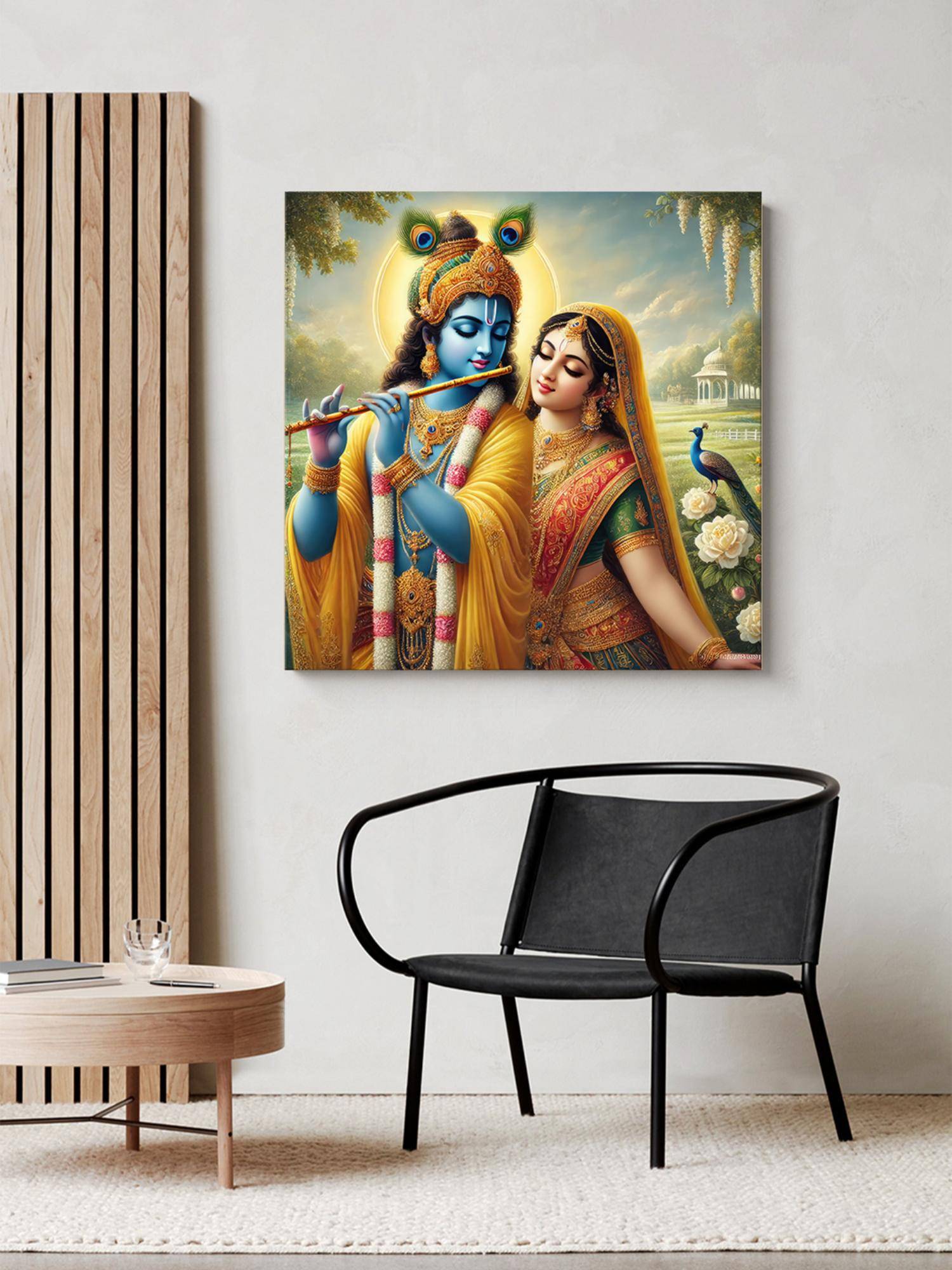 999Store Canvas Wrapped Painting Of Krishna Playing Flute In Serene Landscape - Divine Wall Art