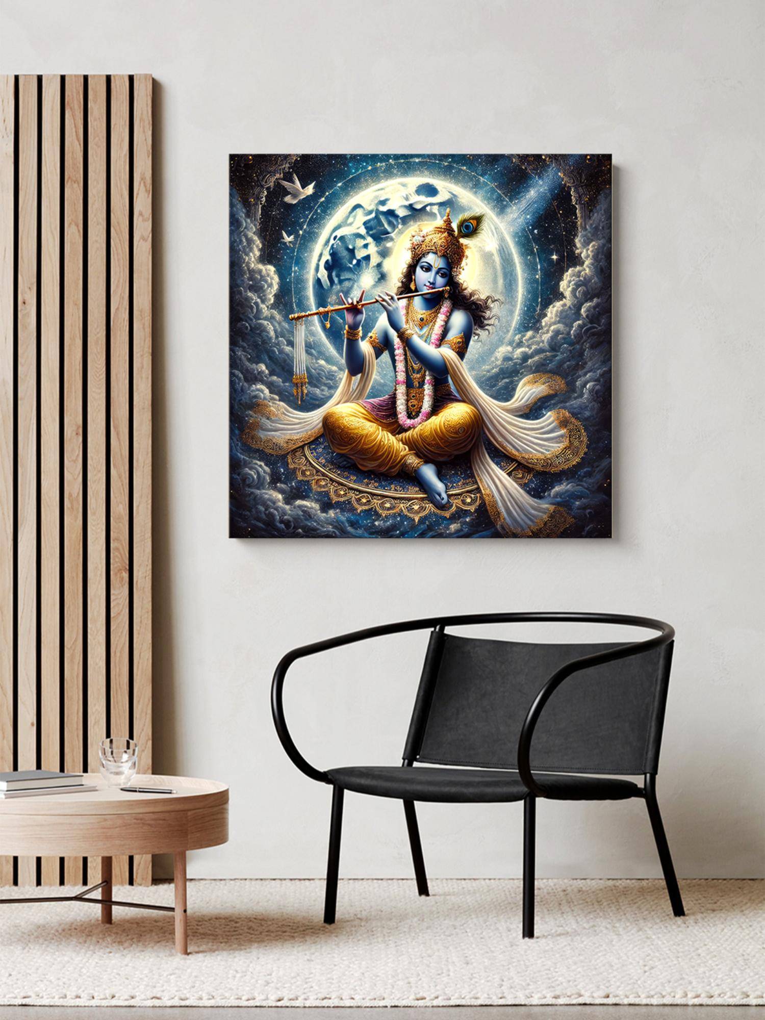 999Store Divine Krishna With Flute Under Full Moon Canvas-Wrapped Painting - Tranquil Decor