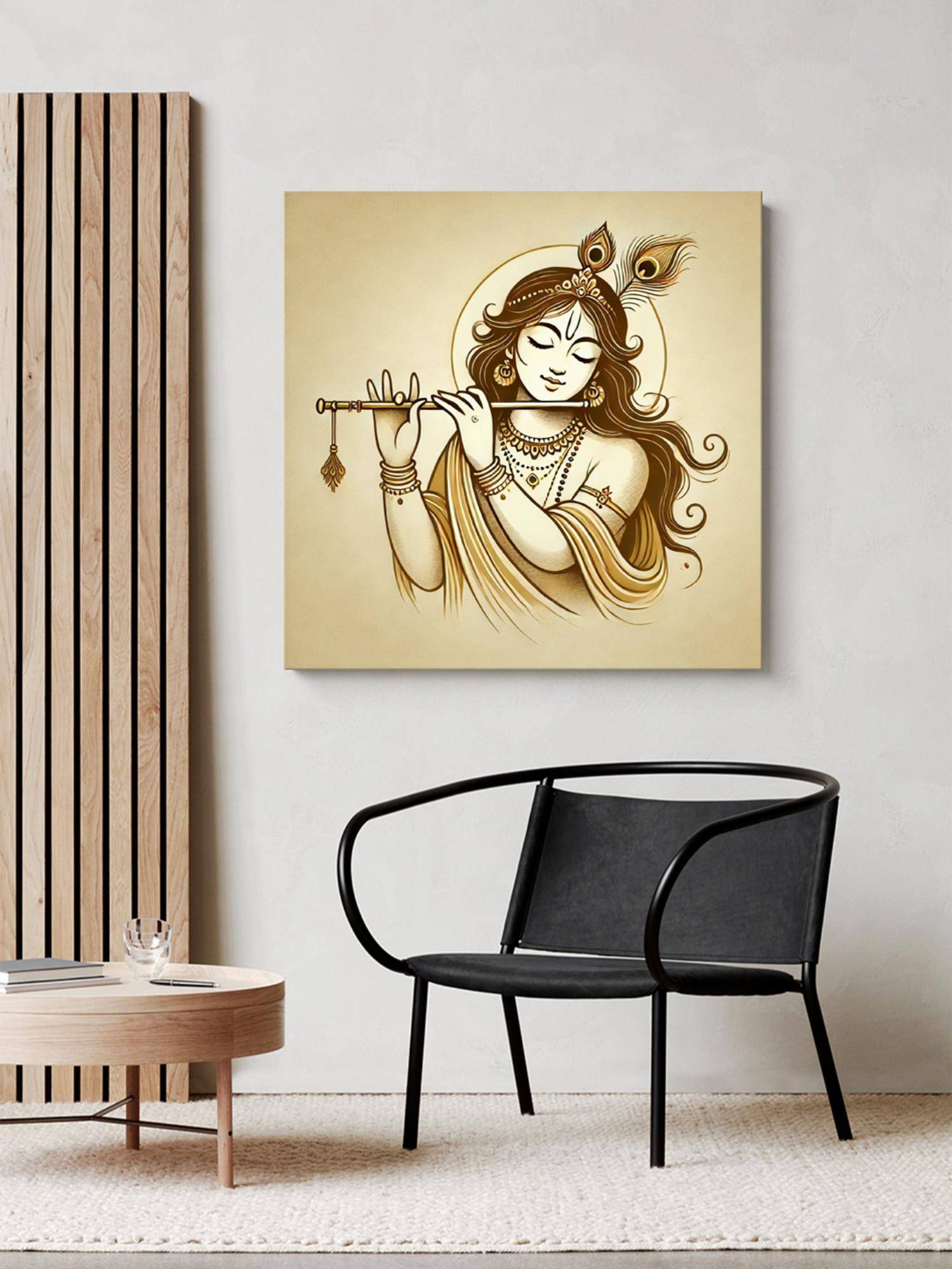 999Store Canvas Wrapped Painting Of Krishna Playing Flute - Elegant Spiritual Art For Any Room