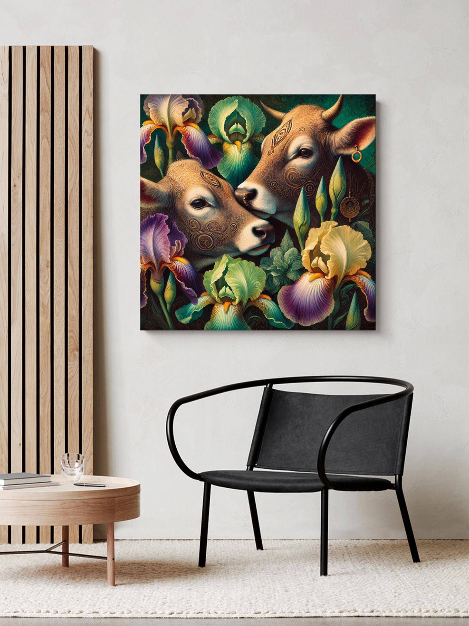 999Store Canvas Wrapped Painting Of Two Cows With Flowers - Rustic Art For Traditional Homes