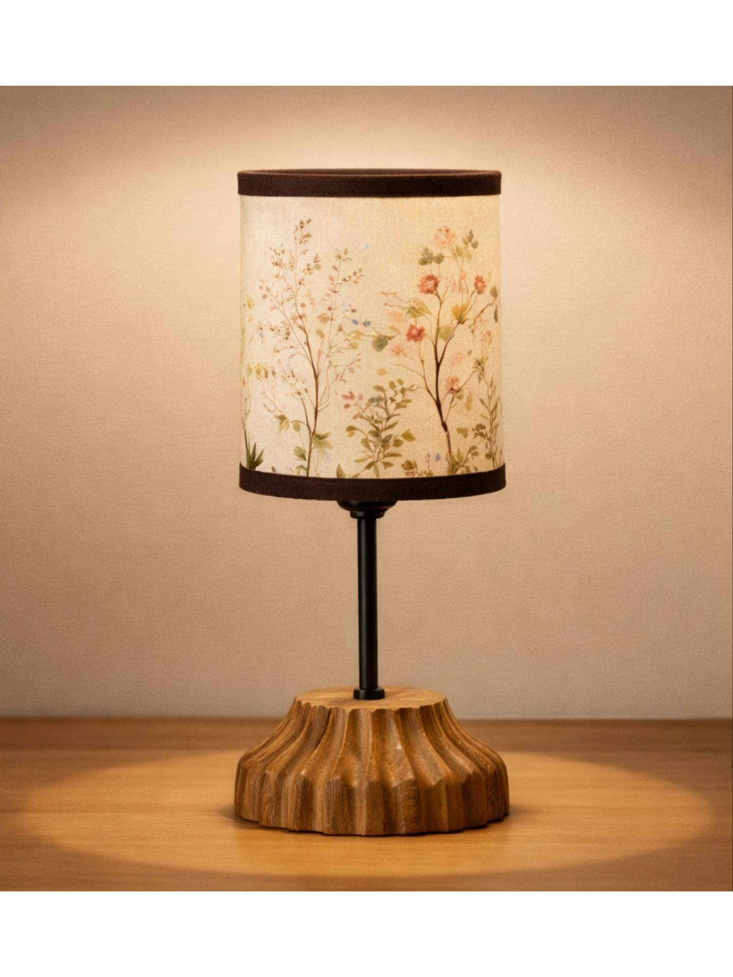 The Decor Mart Vintage Fluted Wood Lamp With Botanical Drum Shade