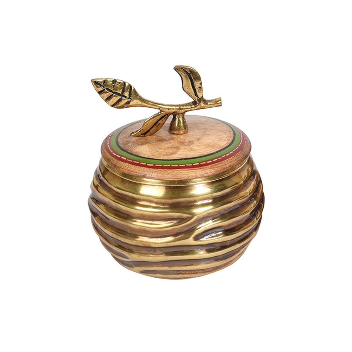 Aakriti Art Creations Brass Jaar with Leaf Handle Wooden Lid (Set of 2