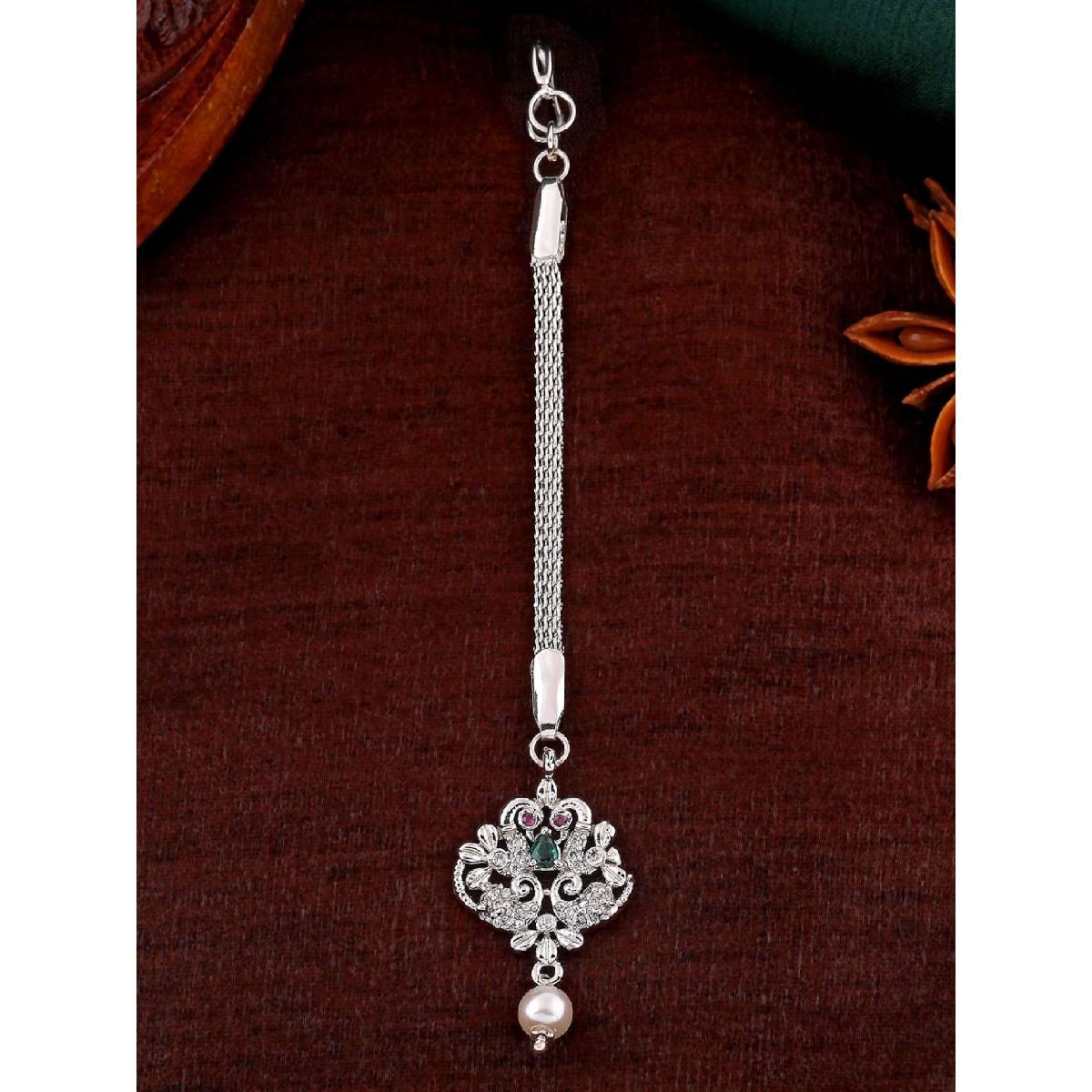 Estele Rhodium Plated CZ Entwined Peacock Designer Maang Tikka with Pearl for Women