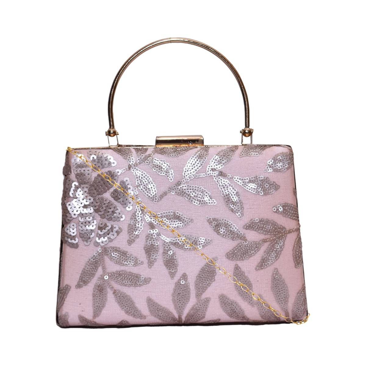 Horra Sequin Leaf Design Casual Clutch with Detachable Chain Sling Pink (S)