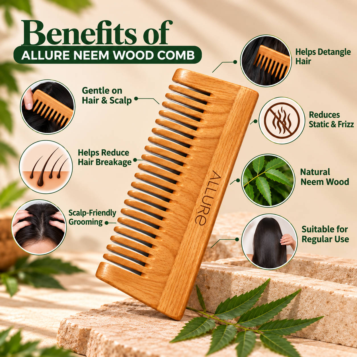 Allure Neem Wooden Shampoo Hair Comb - CS 02