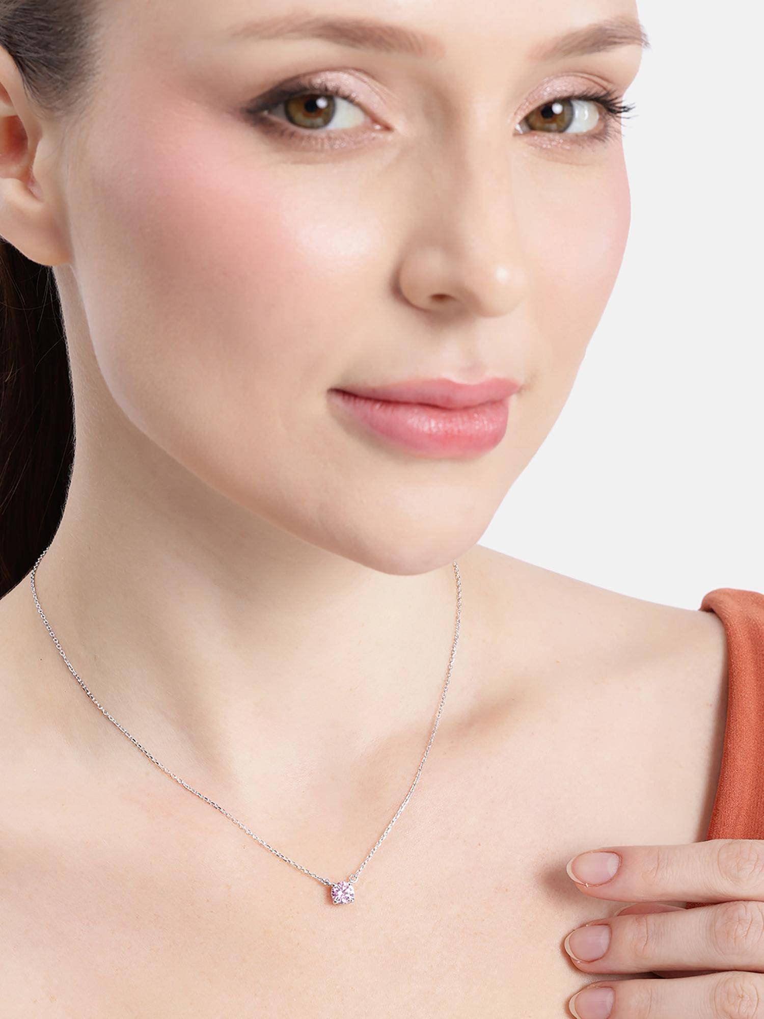 Carlton London Rhodium Plated Dangling Pink Solitaire Necklace