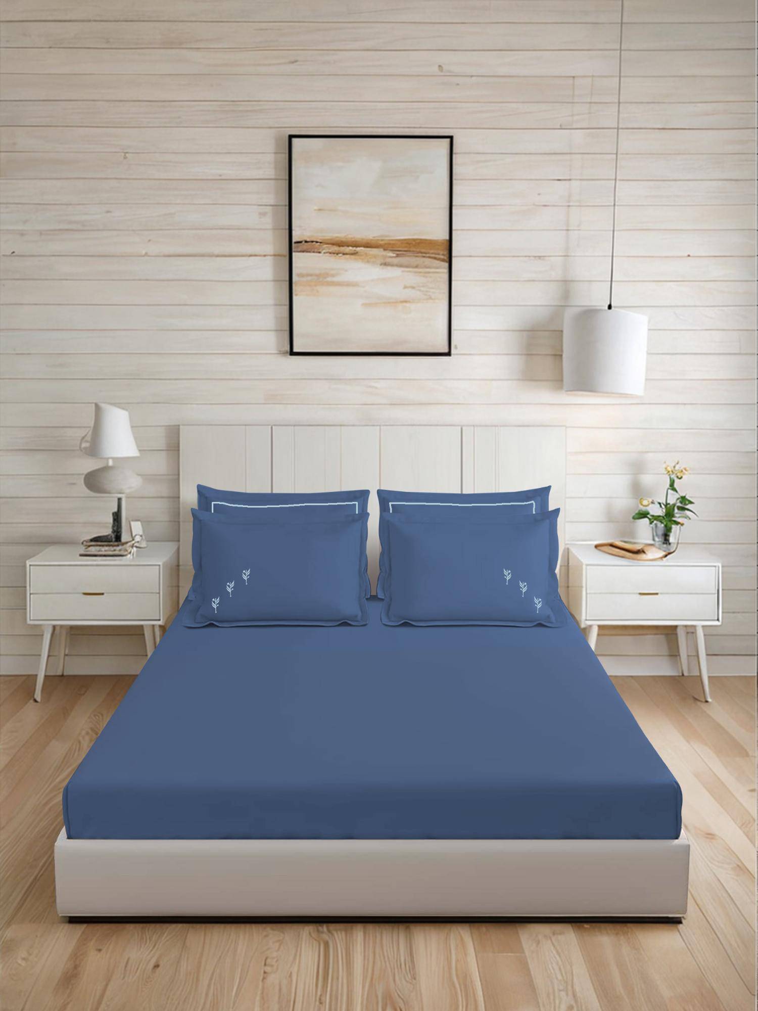 LANE LINEN 300TC Super King Cotton Bedsheet With 2 Pillow Covers - Blue