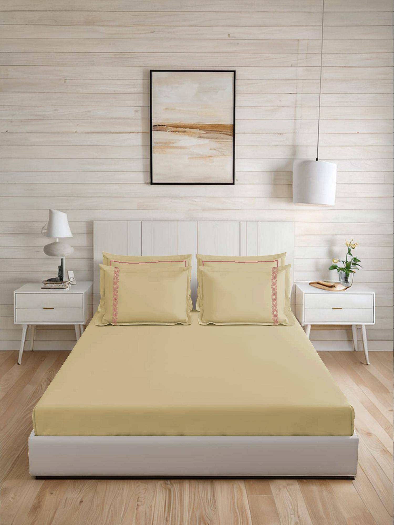 LANE LINEN 300TC Super King Cotton Bedsheet With 2 Pillow Covers - Beige