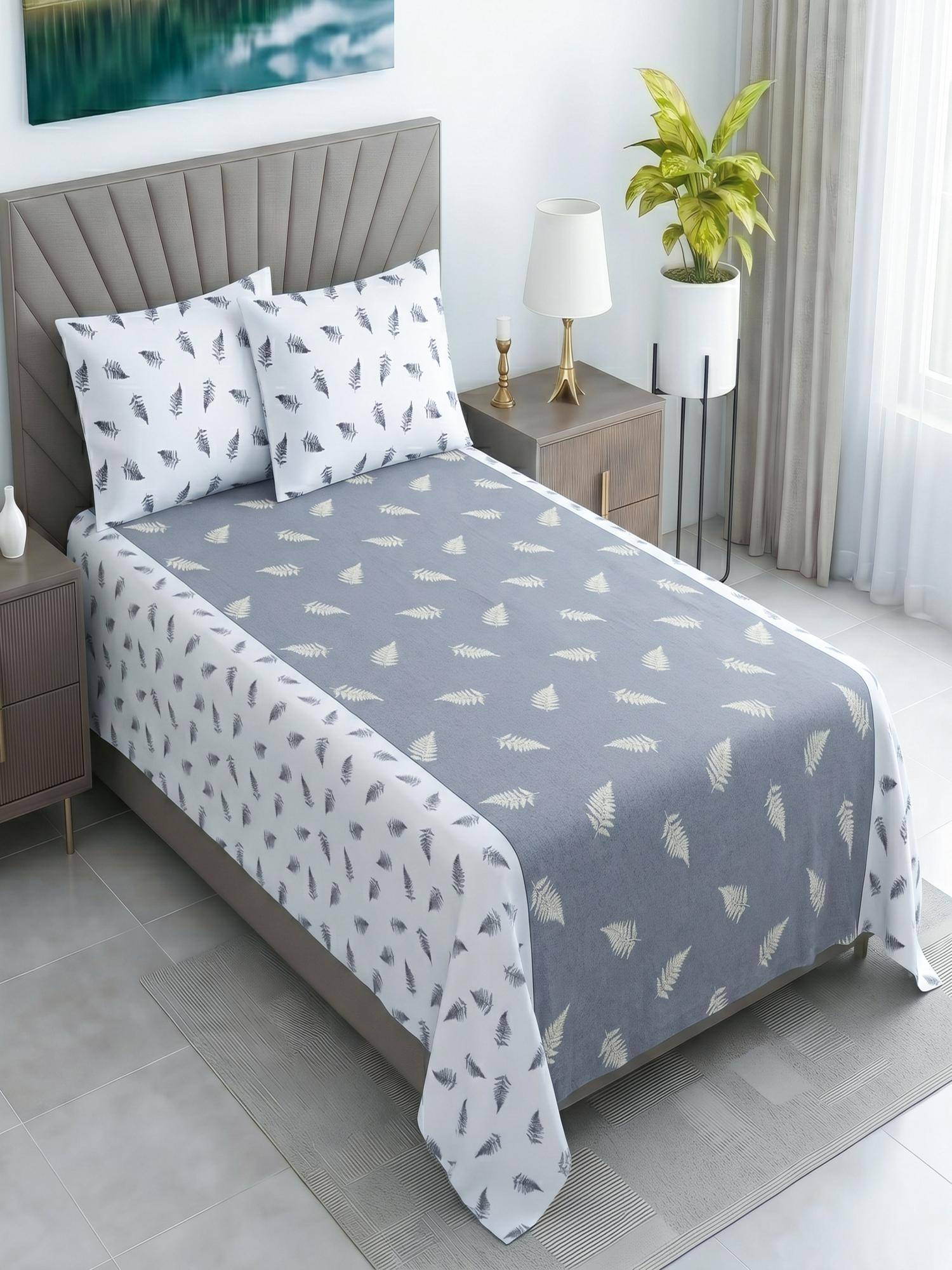 Threadwear Floral 400TC Cotton Grey Flat Bedsheet With 2 Pillow Covers (Single)