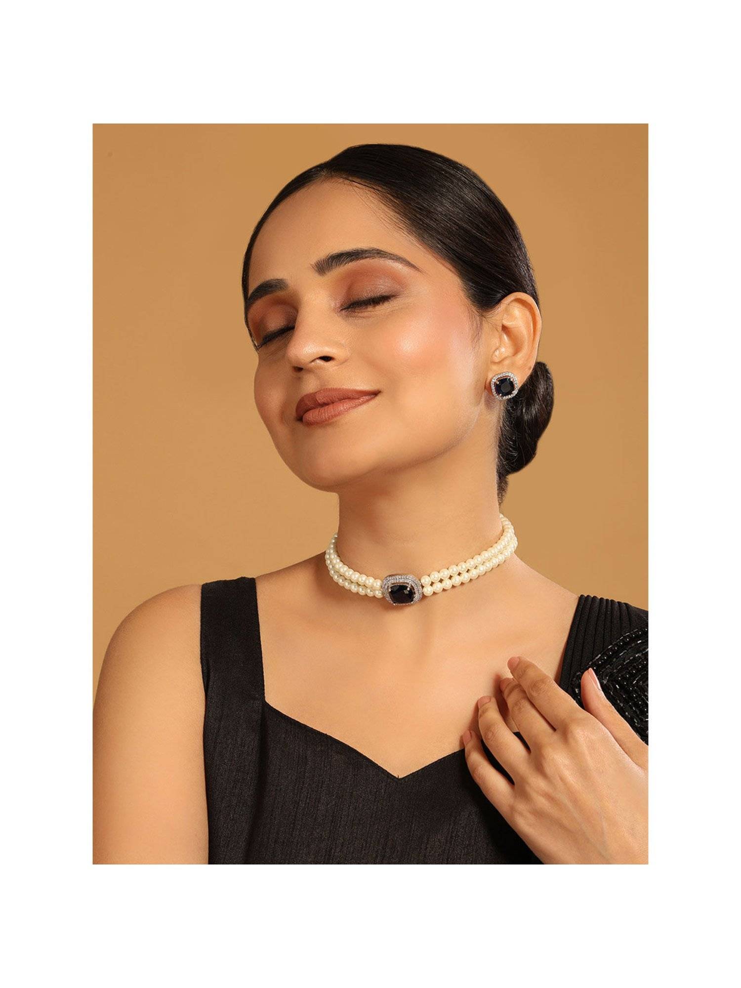 Nuyug Blue Brass Rhodium Plated Pearl Necklace and Pair Of Earrings (Set of 2)