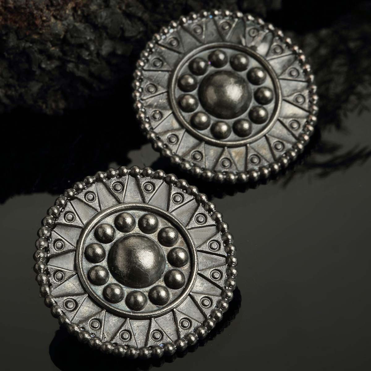 PANASH Silver-Toned Black Oxidized Circular Stud Earrings