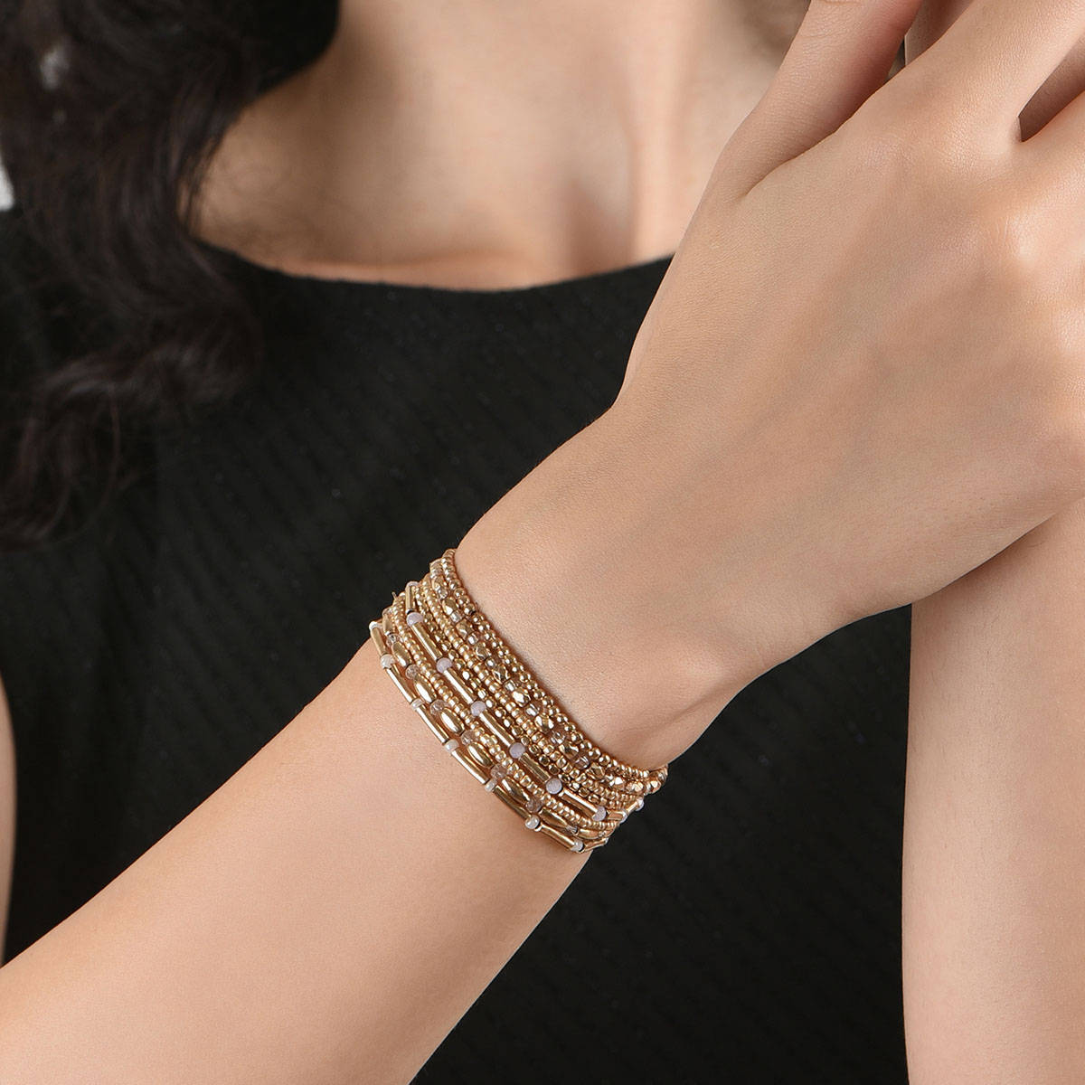ToniQ Gold Plated Floral Beads Fusion Look Bracelet Set of 10 for Women (2.6)