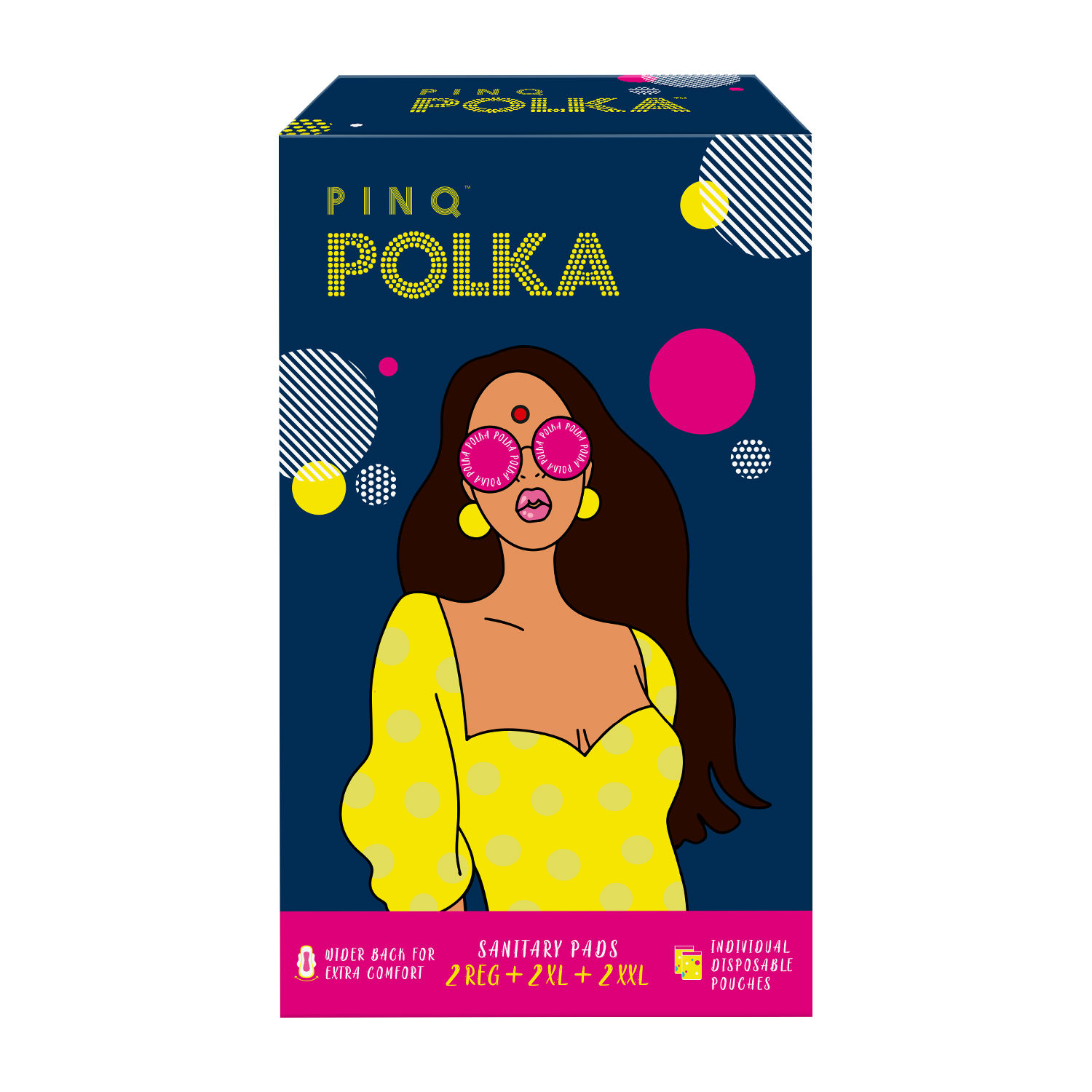 PINQ Polka Period Trial Pack Sanitary Pads 2 XXL + 2 XL + 2 Regular with Disposable Pouch