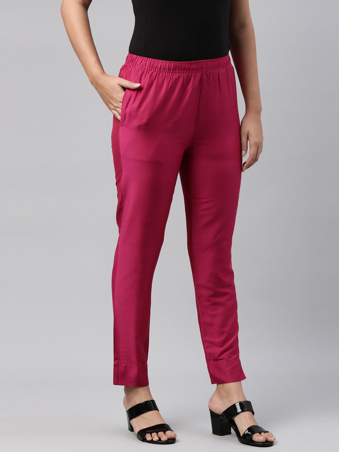 Buy Go Colors Women Dark Rose Solid Mid Rise Metallic Pants - Pink Online