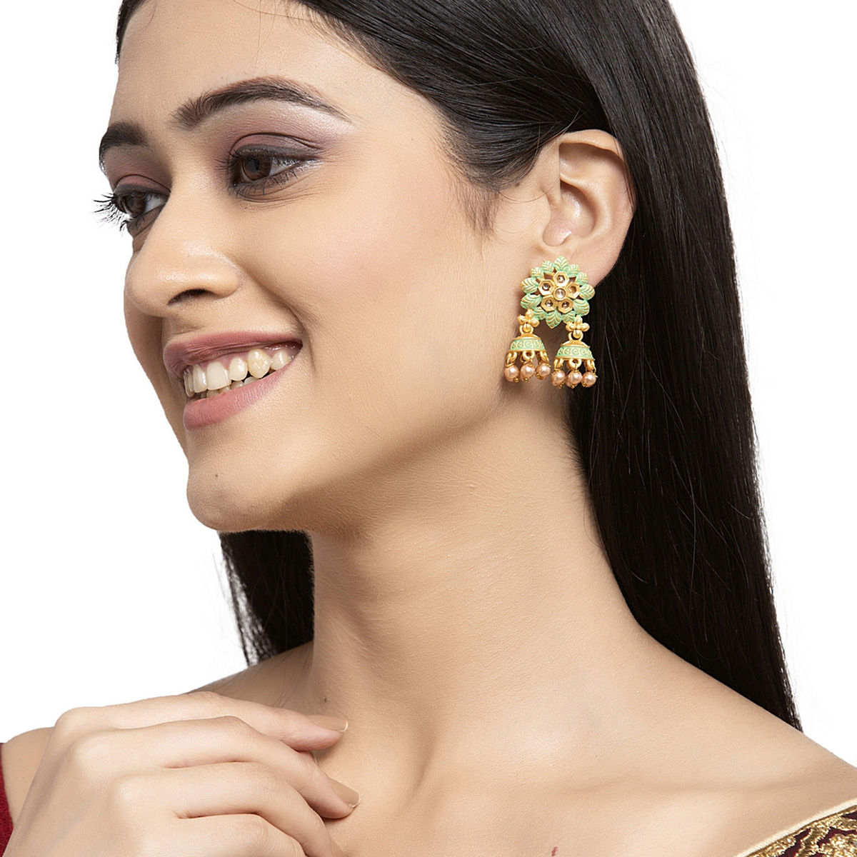 Buy PANASH Goldplated & Sea Green Floral Jhumkas Online
