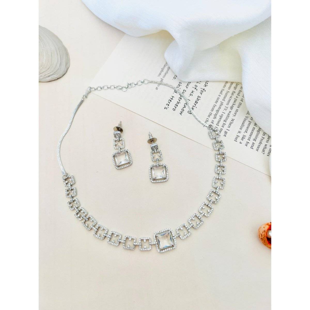 Abdesigns Blue Enchanting Silver Plated American Diamond Necklace Set