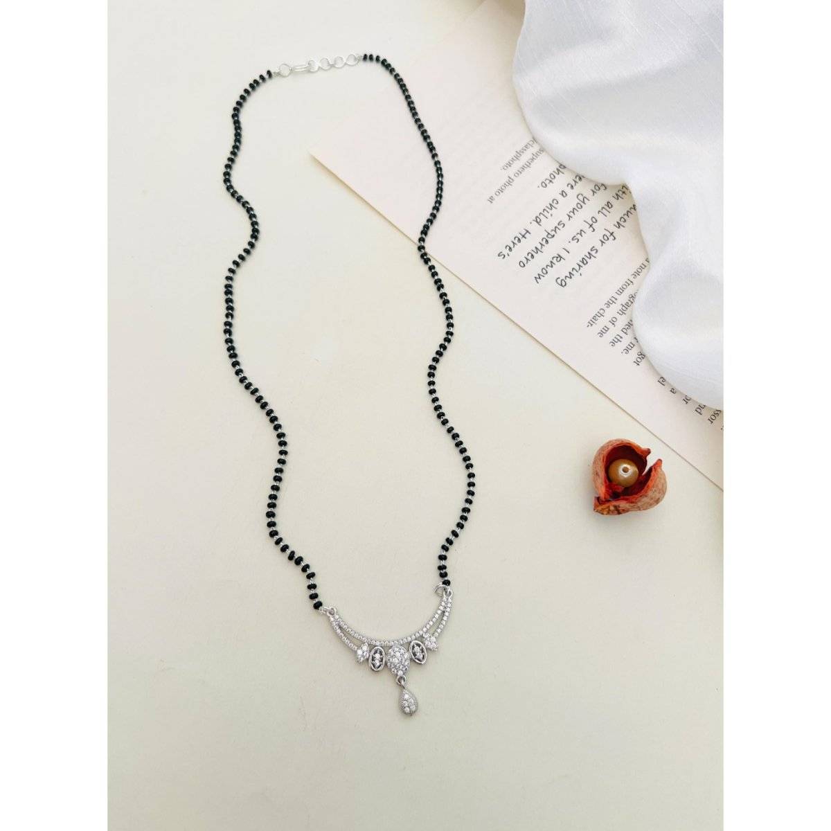 Abdesigns White Silver Plated American Diamond Studded Beaded Mangalsutra