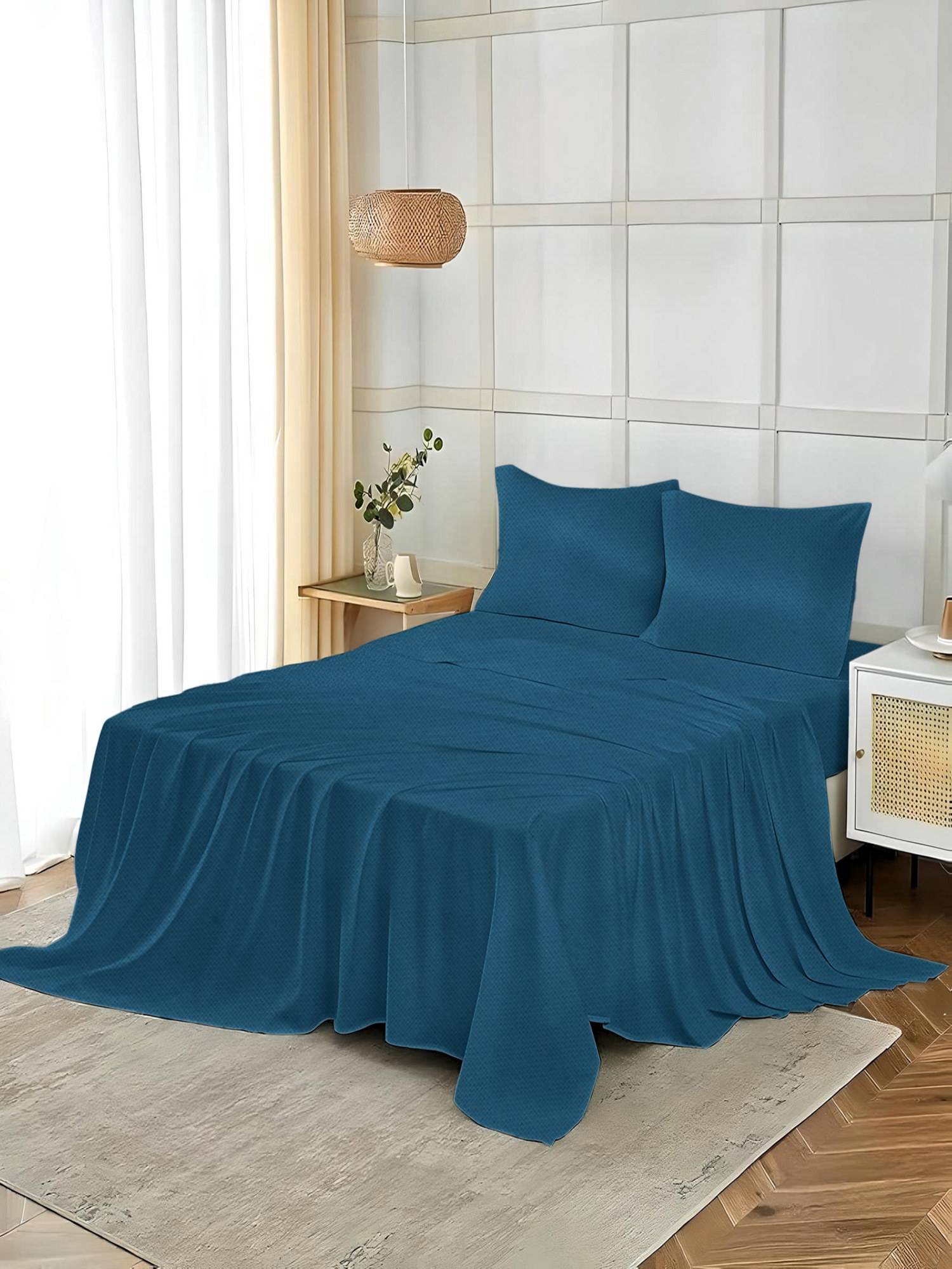Threadwear Teal Plain 400 Tc Cotton Flat Bedsheet with 2 Pillow Covers (Super King)
