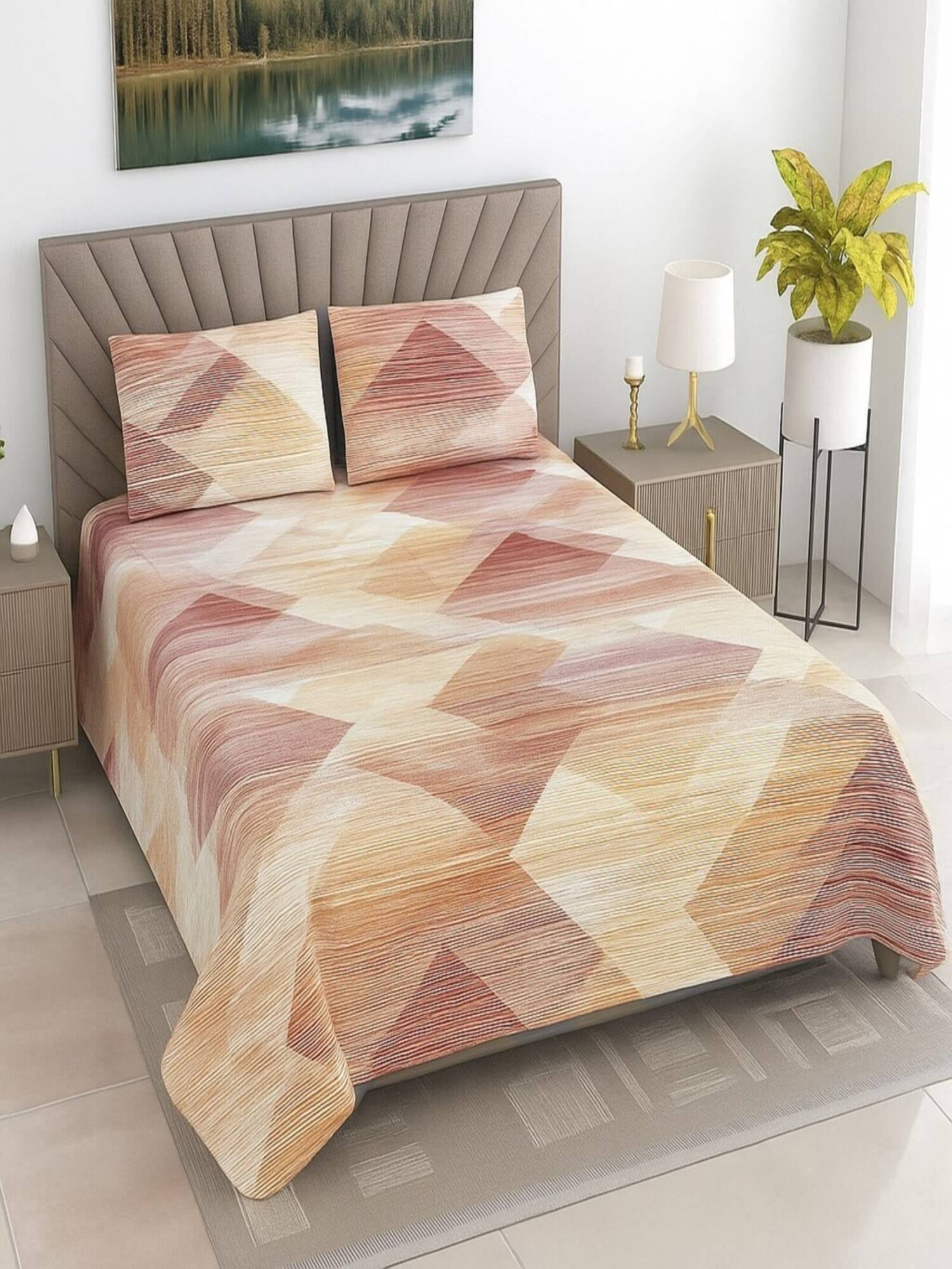 Threadwear Multi-Color Geometric 400 Tc Cotton Flat Bedsheet with 2 Pillow Covers (Super King)