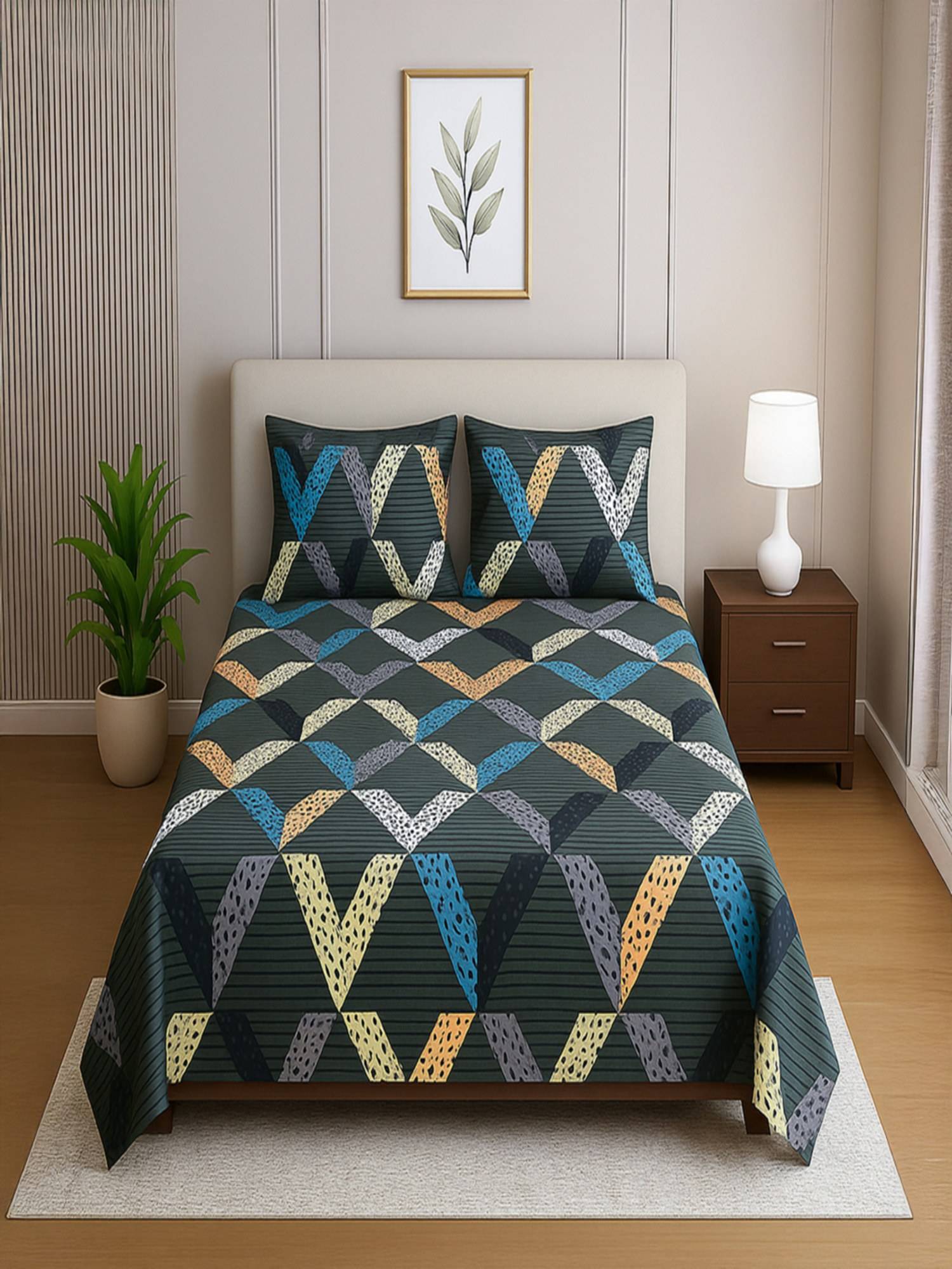 Threadwear Dark Grey Geometric 210 Tc Mix Cotton Flat Bedsheet with 2 Pillow Covers (Single)