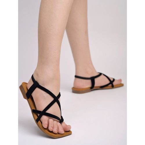 Shoetopia Strappy Detailed Black Flat Sandals for Women (EURO 38)