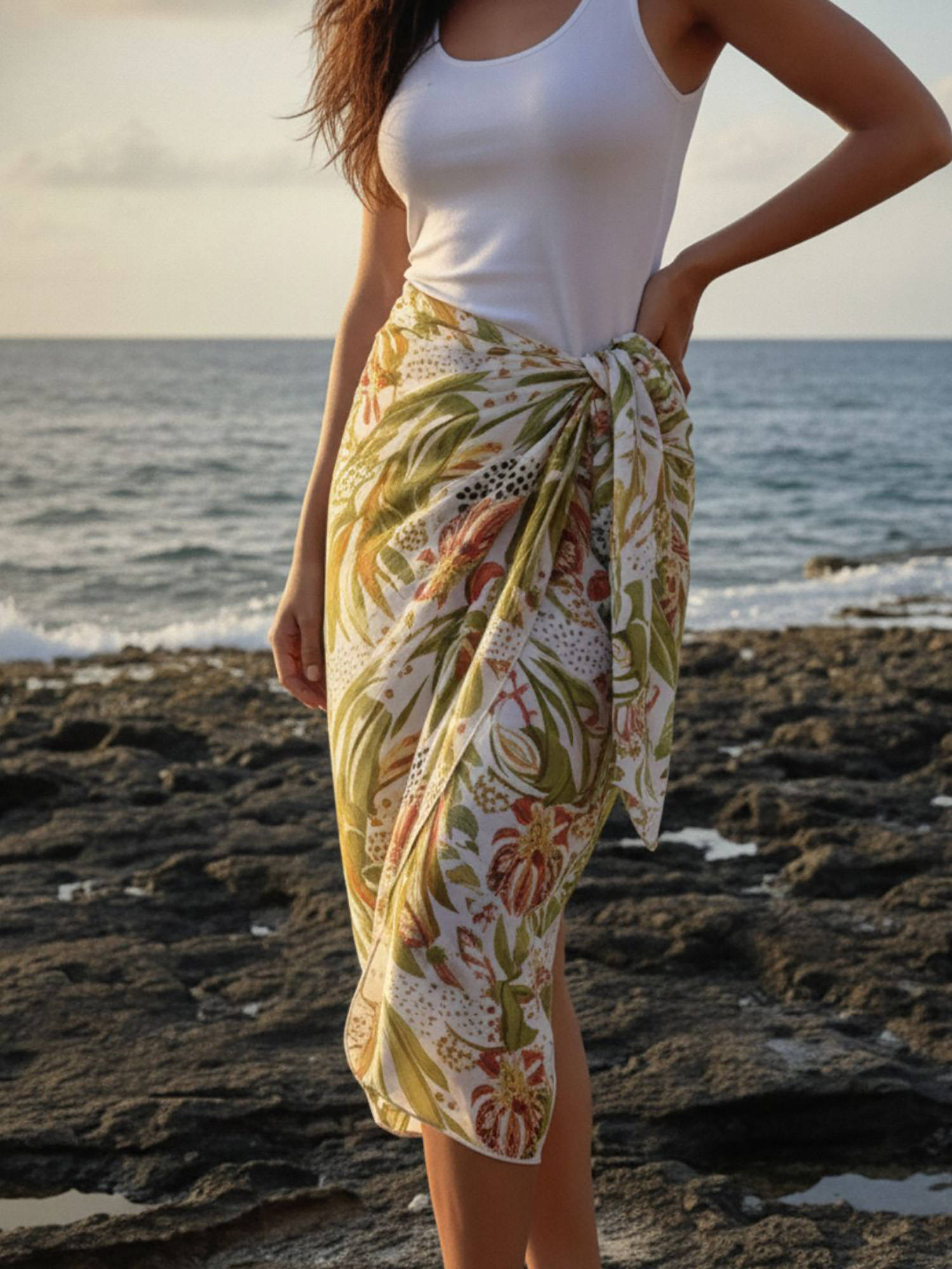 AOBA Womens Green Tropical Bloom Tie-Up Sarong