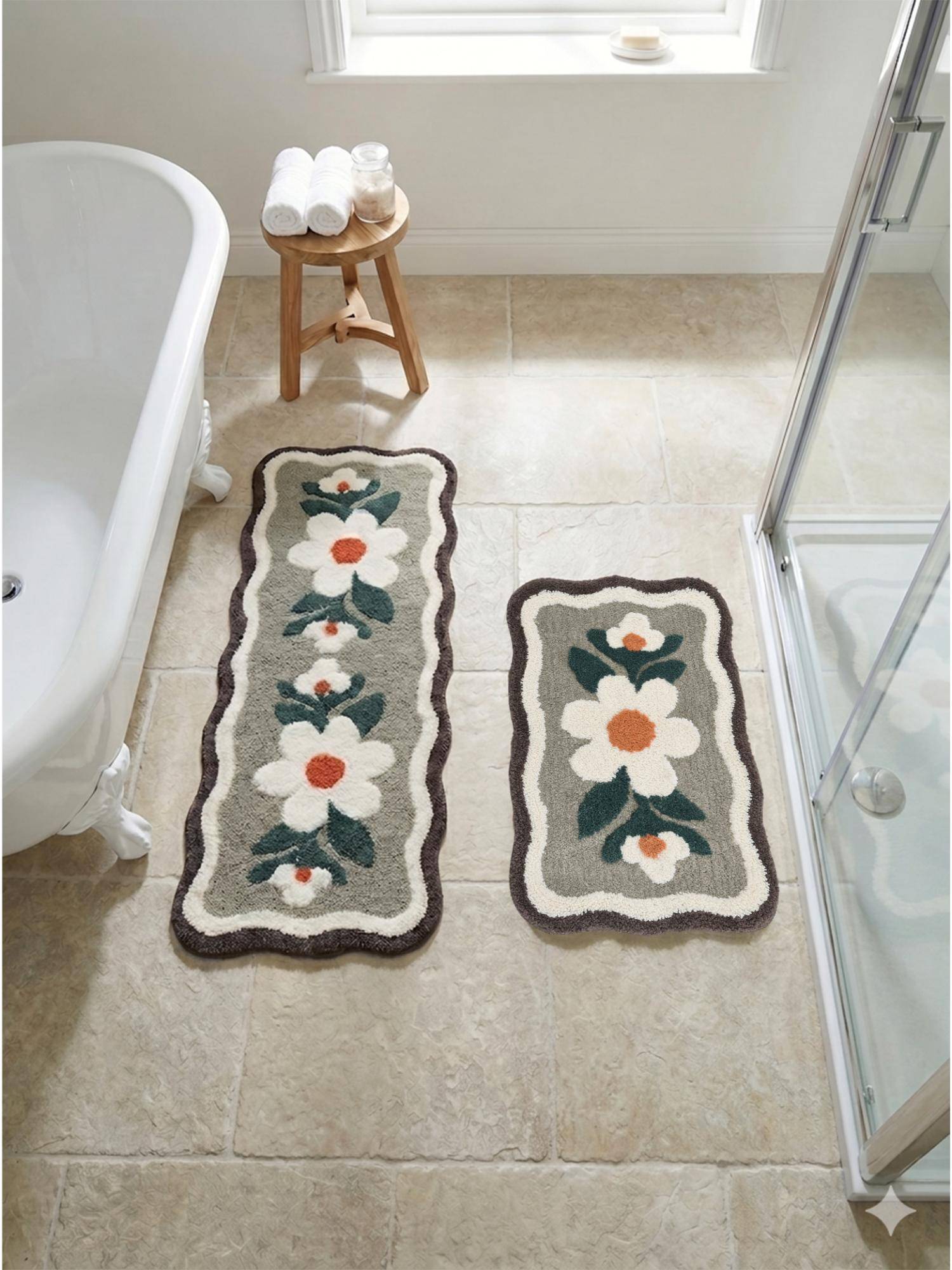 Saral Home Bellis Microfiber Floral Anti-Skid Bathmat and Runner -Multi-Color