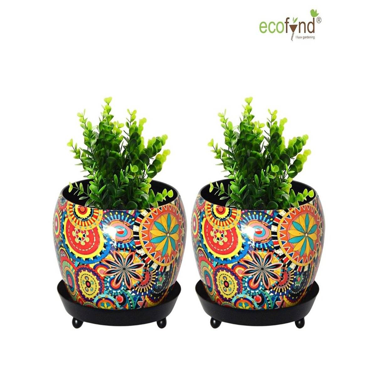Ecofynd Lily Multicolor Metal Pot With Saucer Plate
