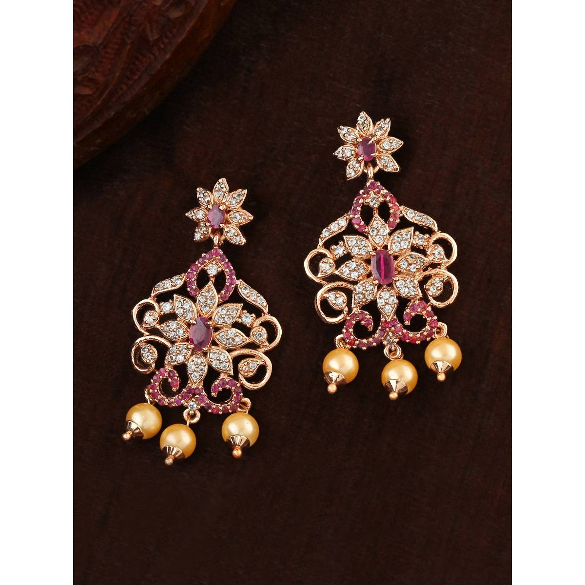 Estele Rose Gold Plated CZ Fascinating Drop Earrings with Pink Crystals for Women