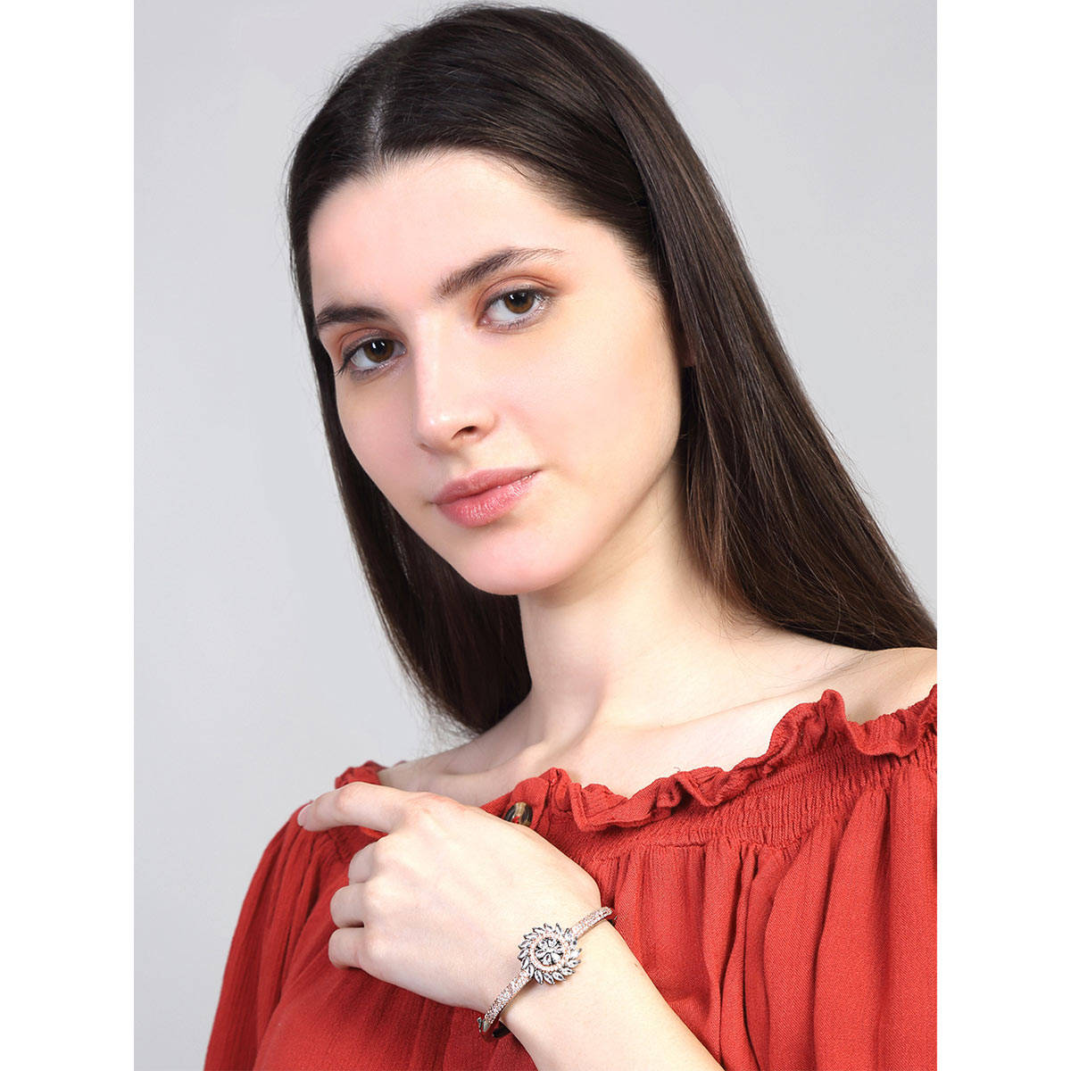 Yellow Chimes Elagant Rhodium-Plated Ad Studded Bangle-Style Bracelet for Women