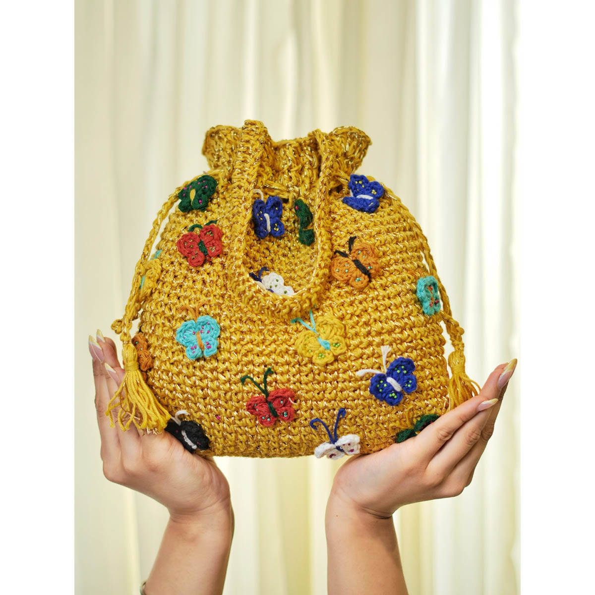 ITIHASIKALA Yellow Butterfly Ballet Crochet Potli