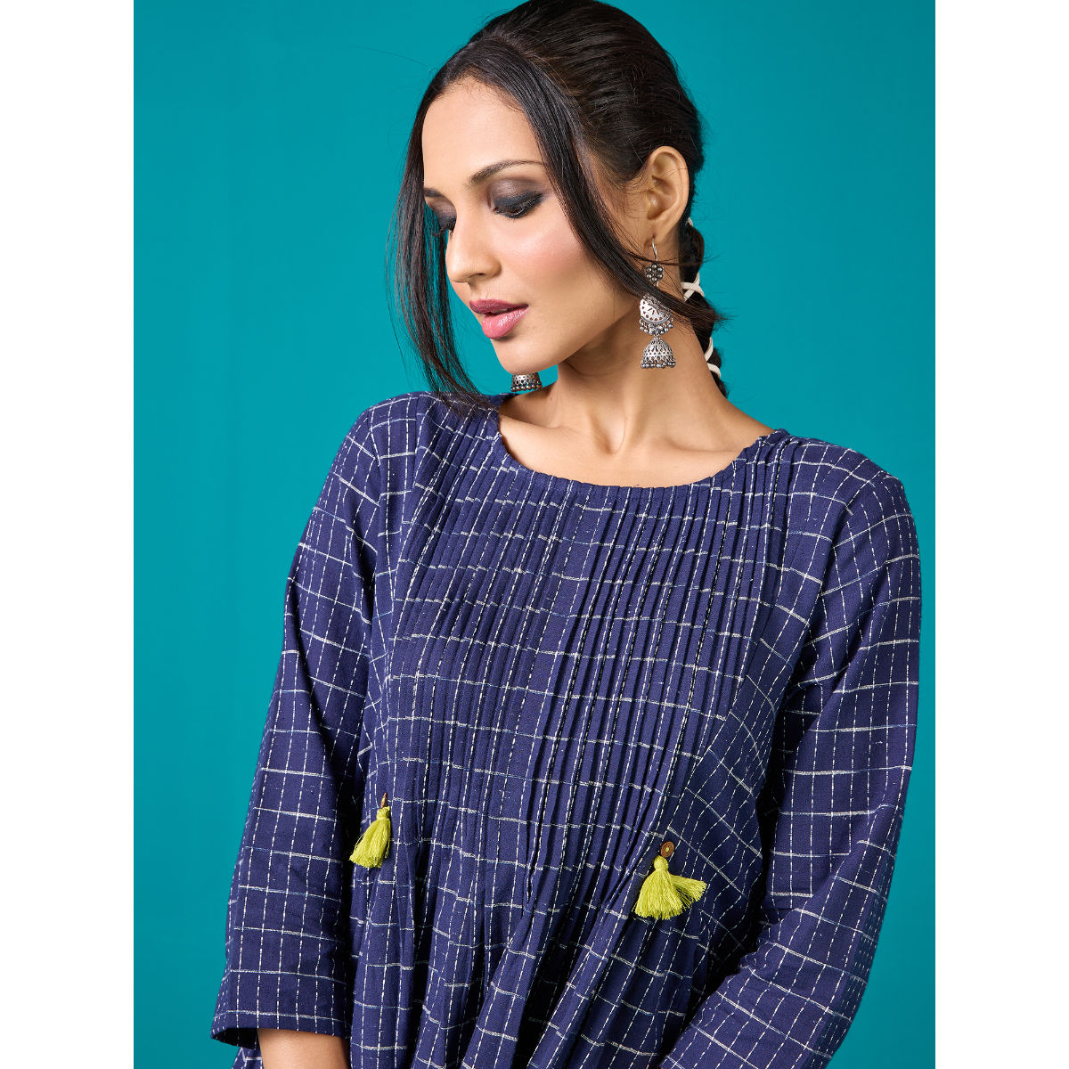 Likha by Nykaa Fashion Navy Blue Kora Cotton Yarn Dyed Midi Dress Buy