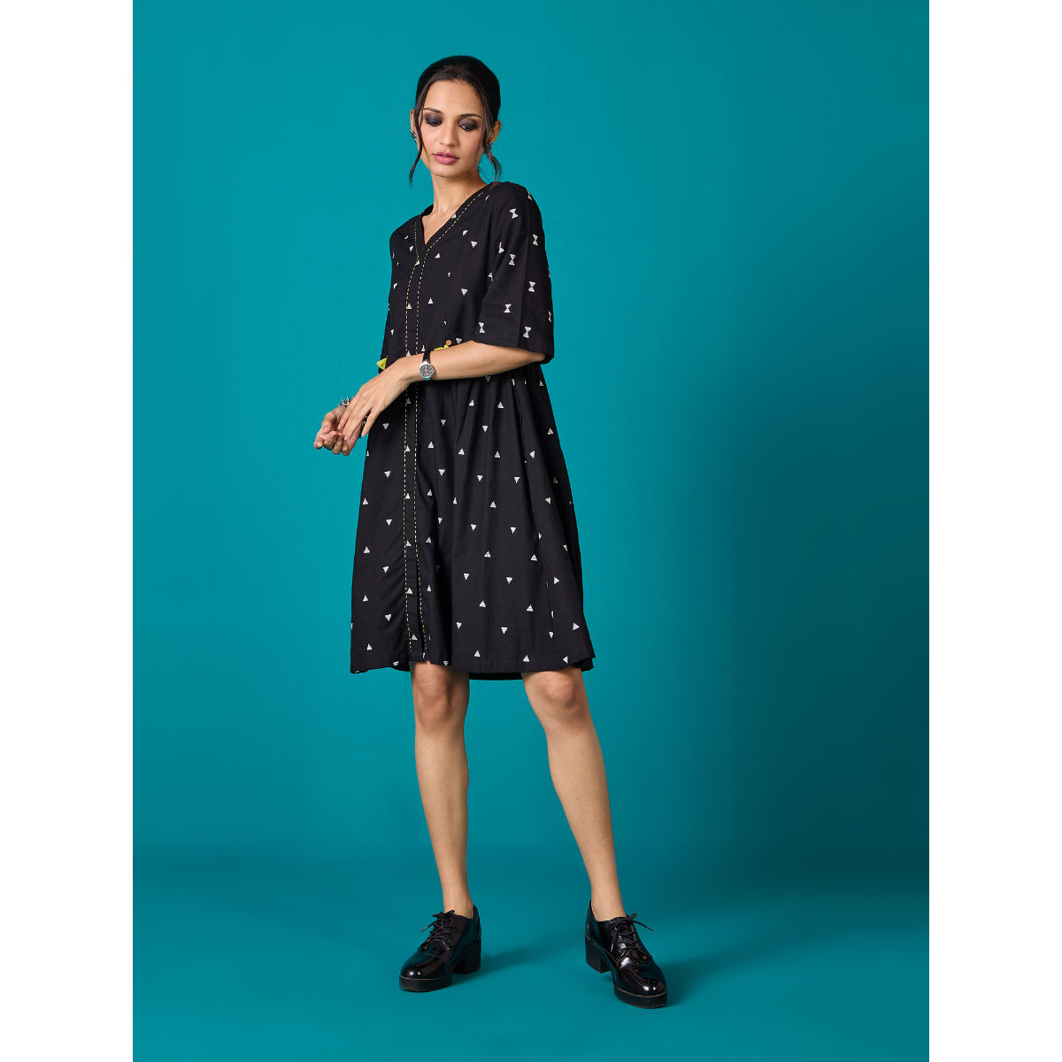 Buy Likha Black Kora Cotton Yarn Dye Mini Dress LIKDRS65 Online