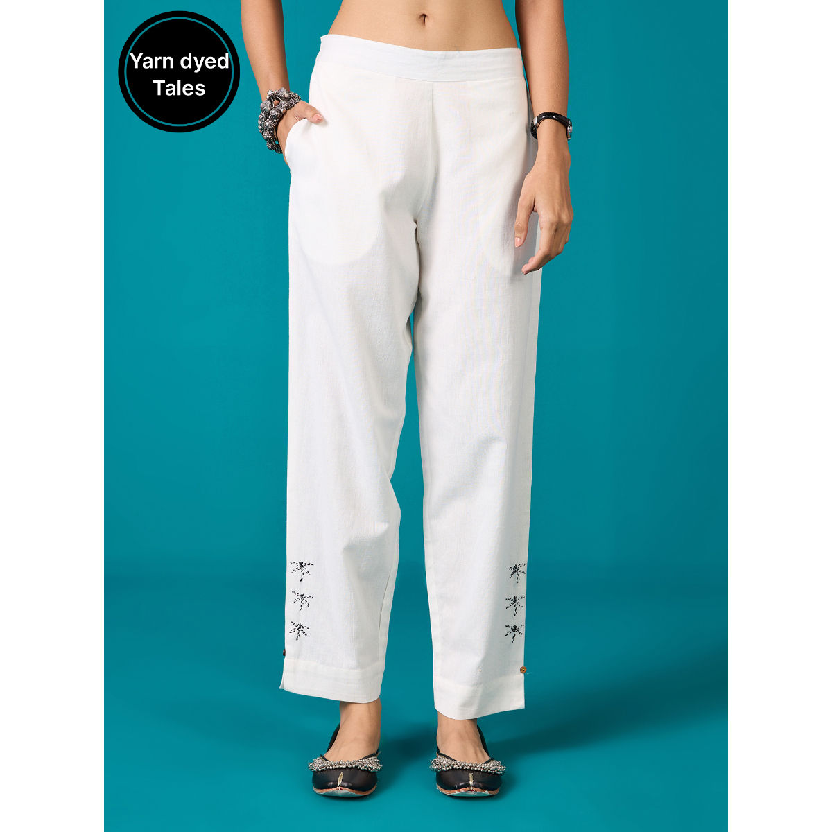 Cream White Cotton Flex Straight Zipper Pants